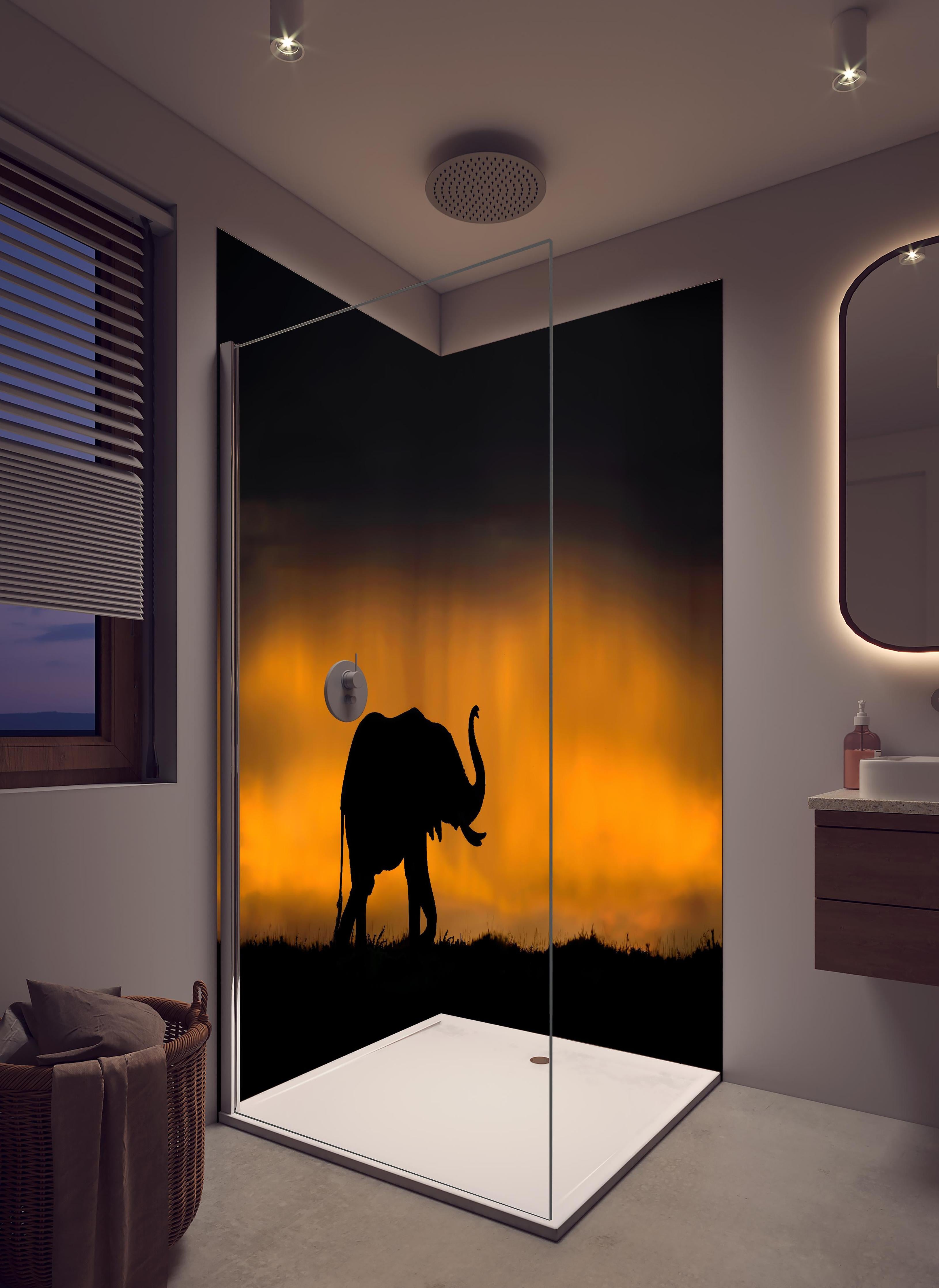 Duschrückwand - Elefant im Sturm in hellem Badezimmer mit Regenduschkopf - zweiteilige Eck-Duschrückwand