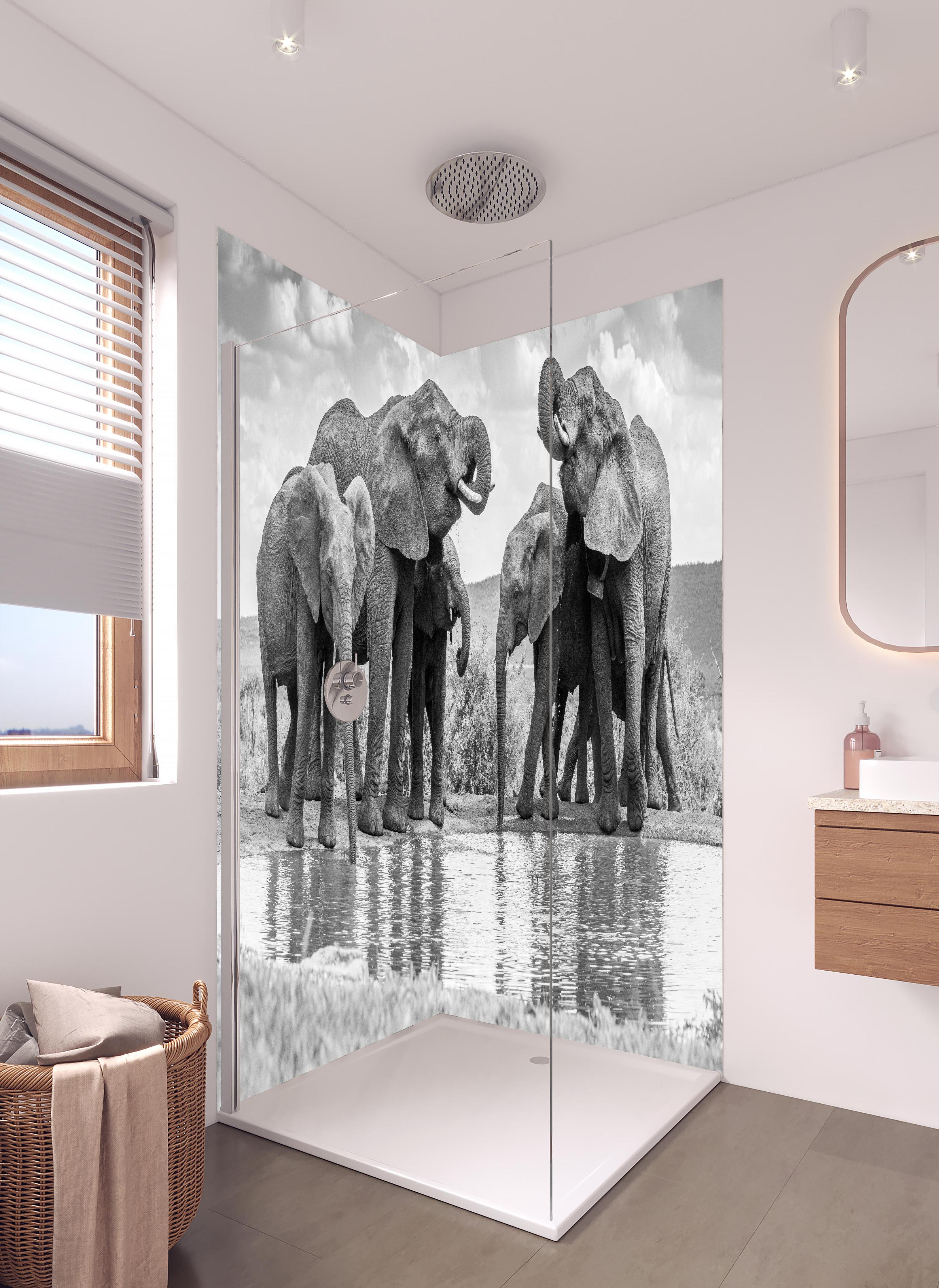 Duschrückwand - Elefanten an der Wasserstelle in hellem Badezimmer mit Regenduschkopf - zweiteilige Eck-Duschrückwand