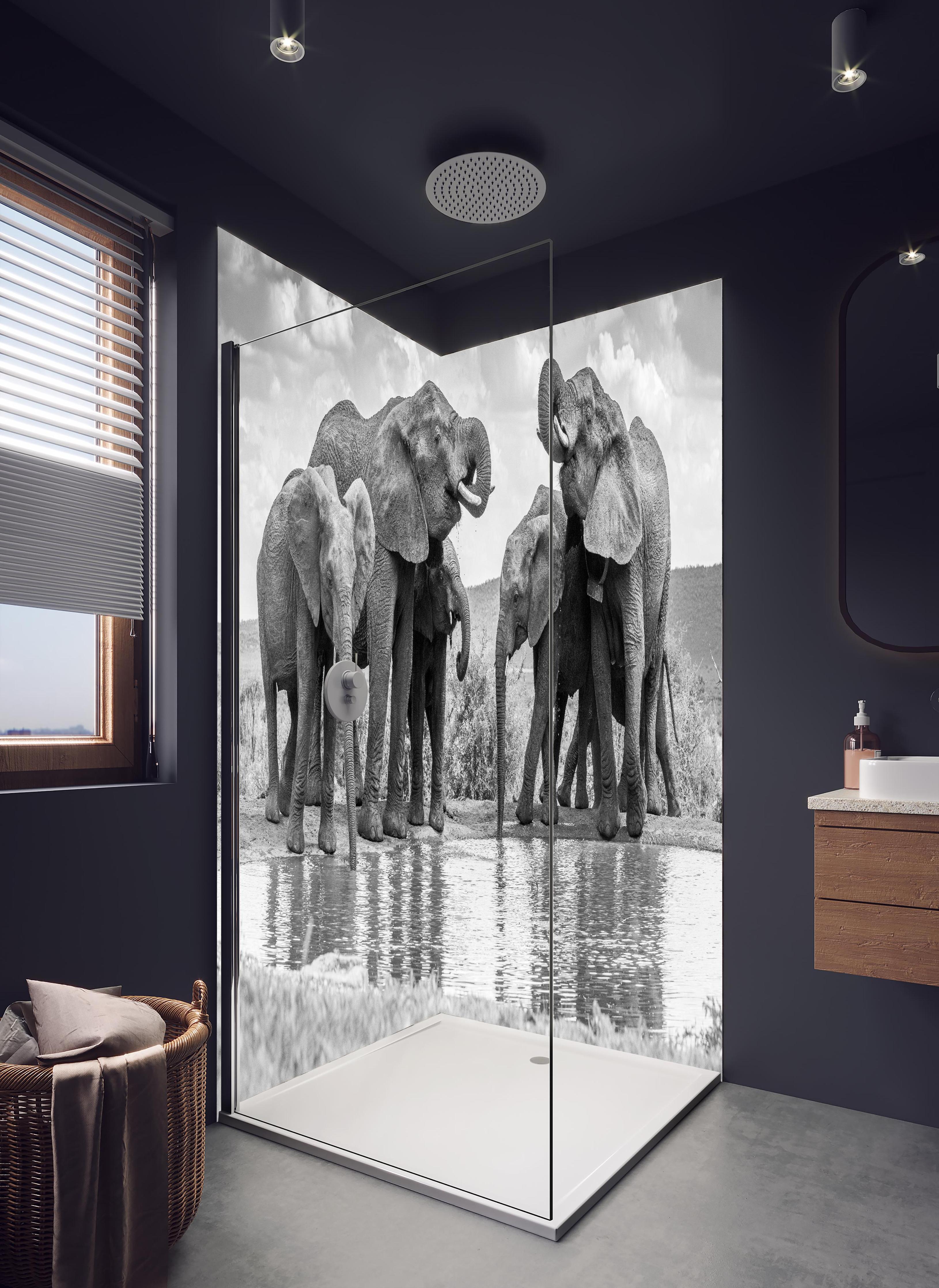 Duschrückwand - Elefanten an der Wasserstelle in hellem Badezimmer mit Regenduschkopf - zweiteilige Eck-Duschrückwand