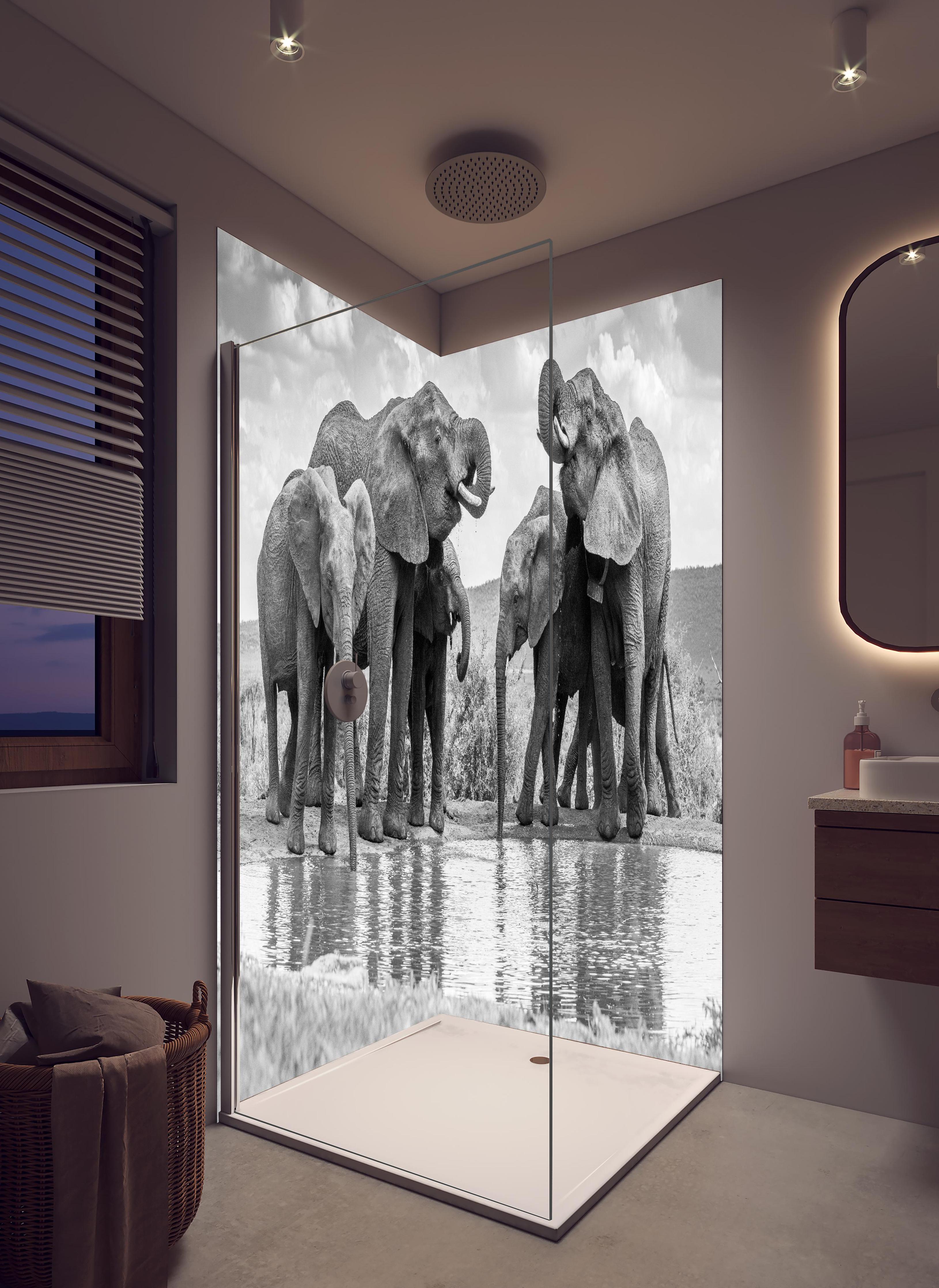 Duschrückwand - Elefanten an der Wasserstelle in hellem Badezimmer mit Regenduschkopf - zweiteilige Eck-Duschrückwand
