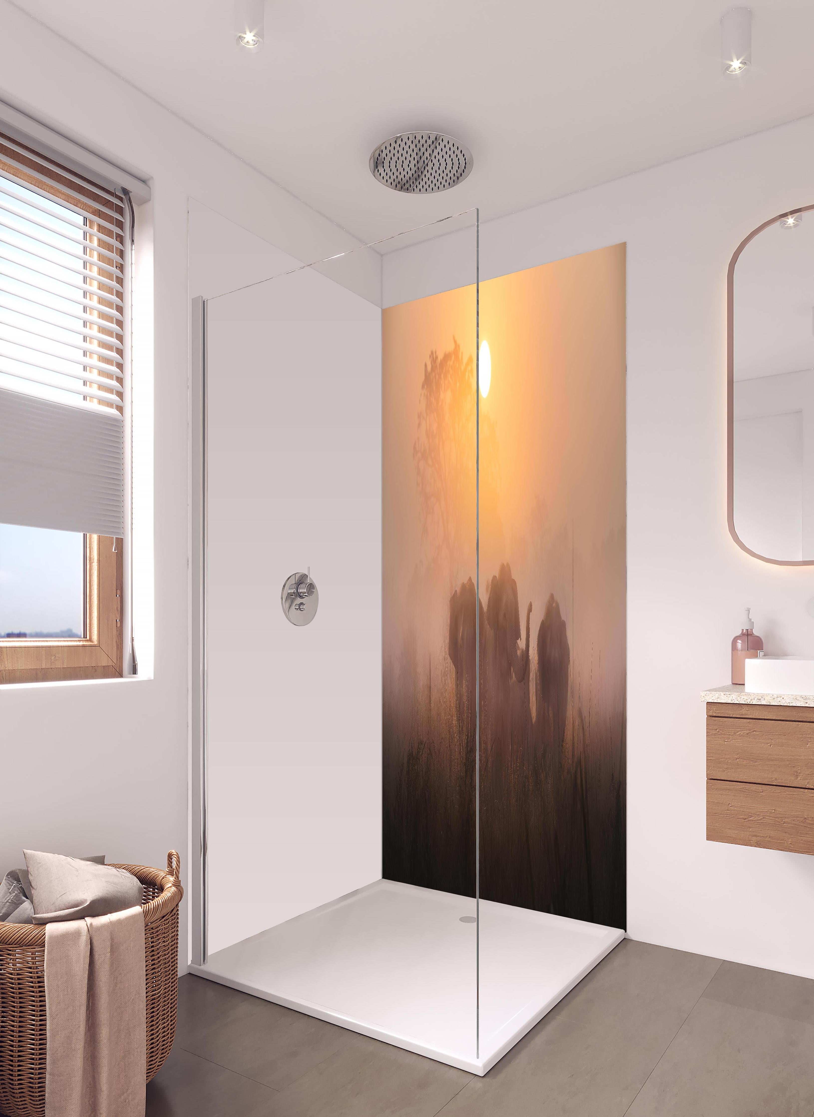 Duschrückwand - Elefanten bei Morgengrauen in hellem Badezimmer mit Regenduschkopf - zweiteilige Eck-Duschrückwand