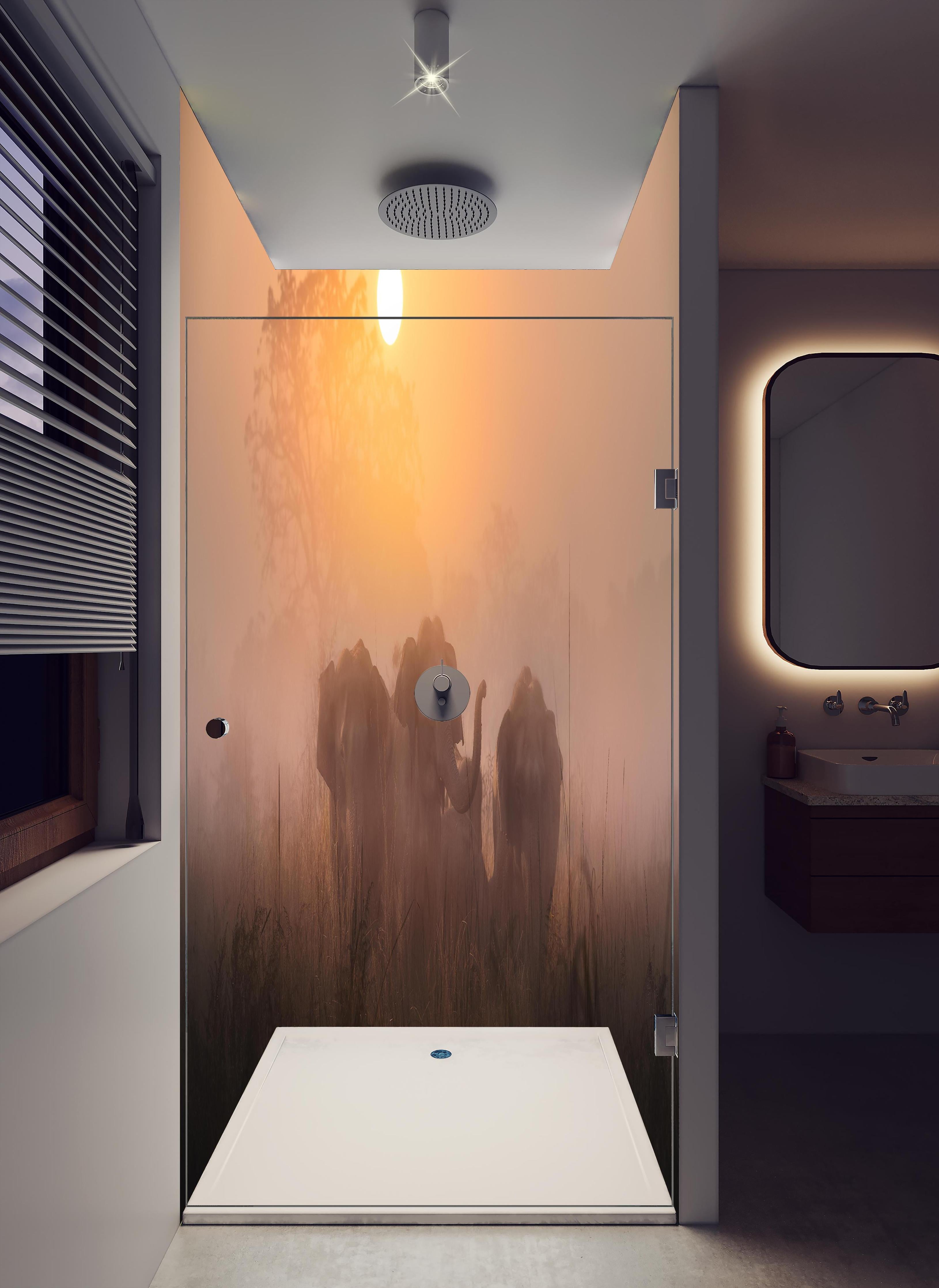 Duschrückwand - Elefanten bei Morgengrauen in hellem Badezimmer mit Regenduschkopf - zweiteilige Eck-Duschrückwand