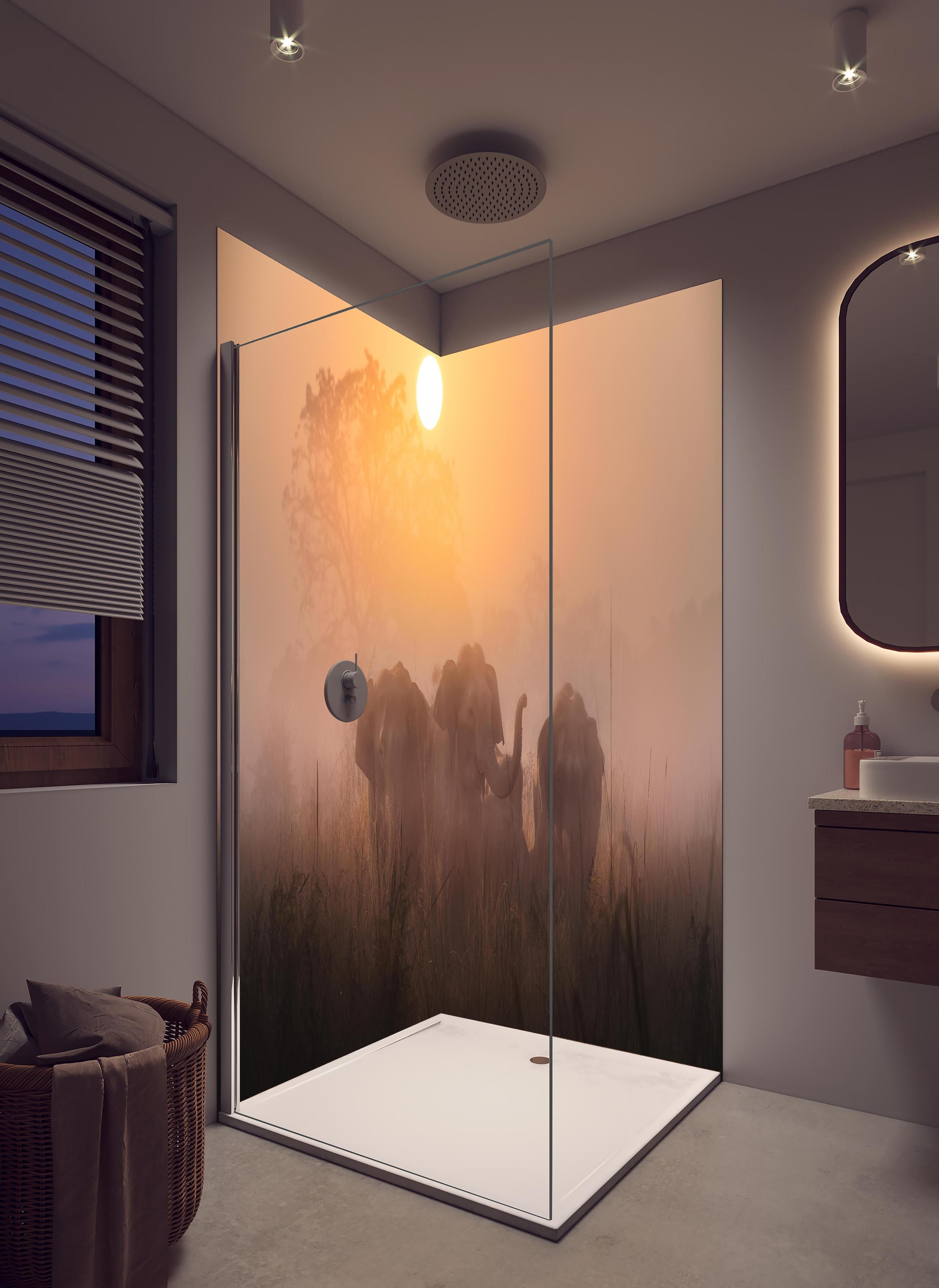 Duschrückwand - Elefanten bei Morgengrauen in hellem Badezimmer mit Regenduschkopf - zweiteilige Eck-Duschrückwand
