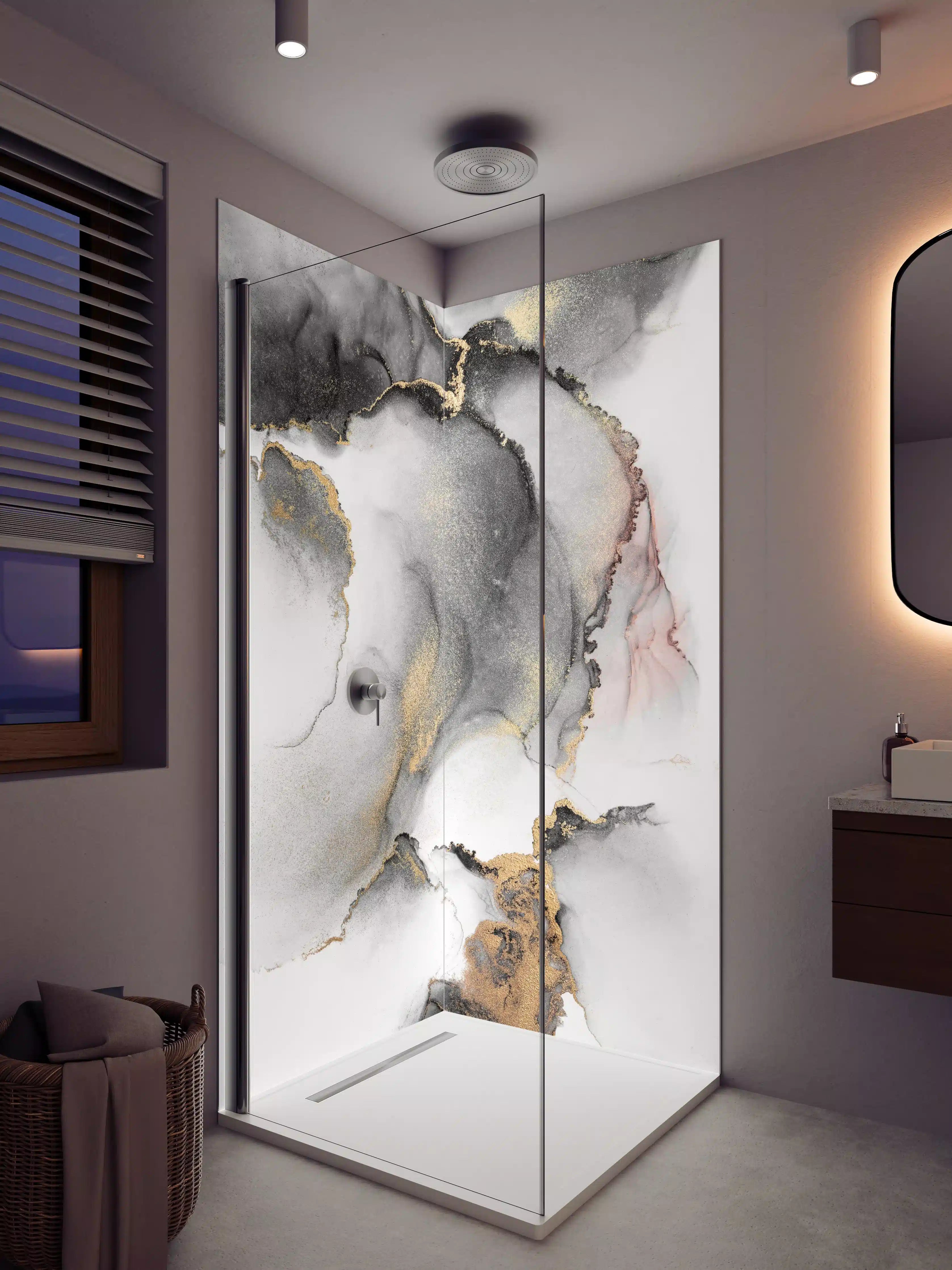 Duschrückwand - Elegante Black-White-Gold-Aquarellkunst