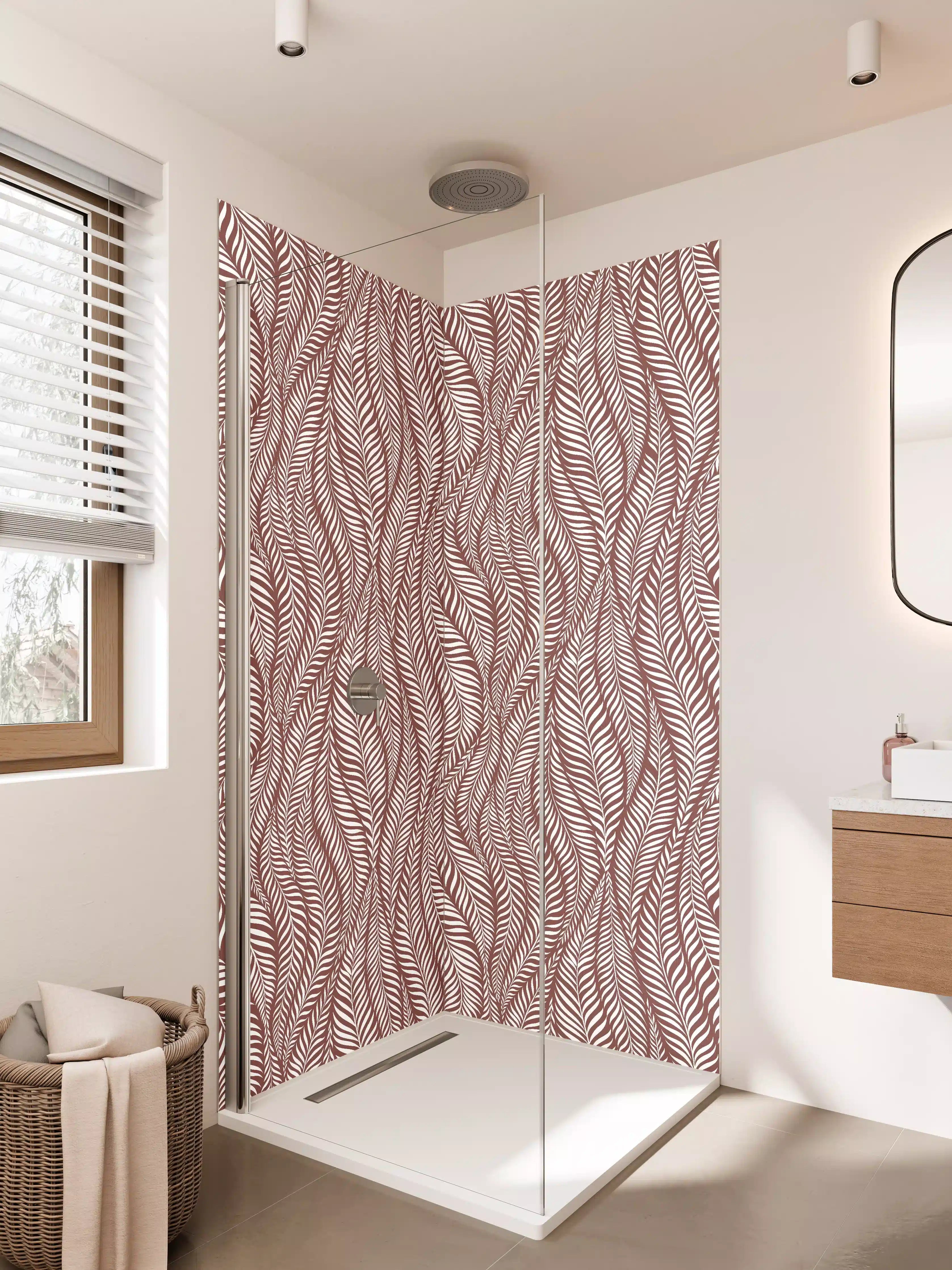 Duschrückwand - Elegante Blattmuster in Rot und Weiß