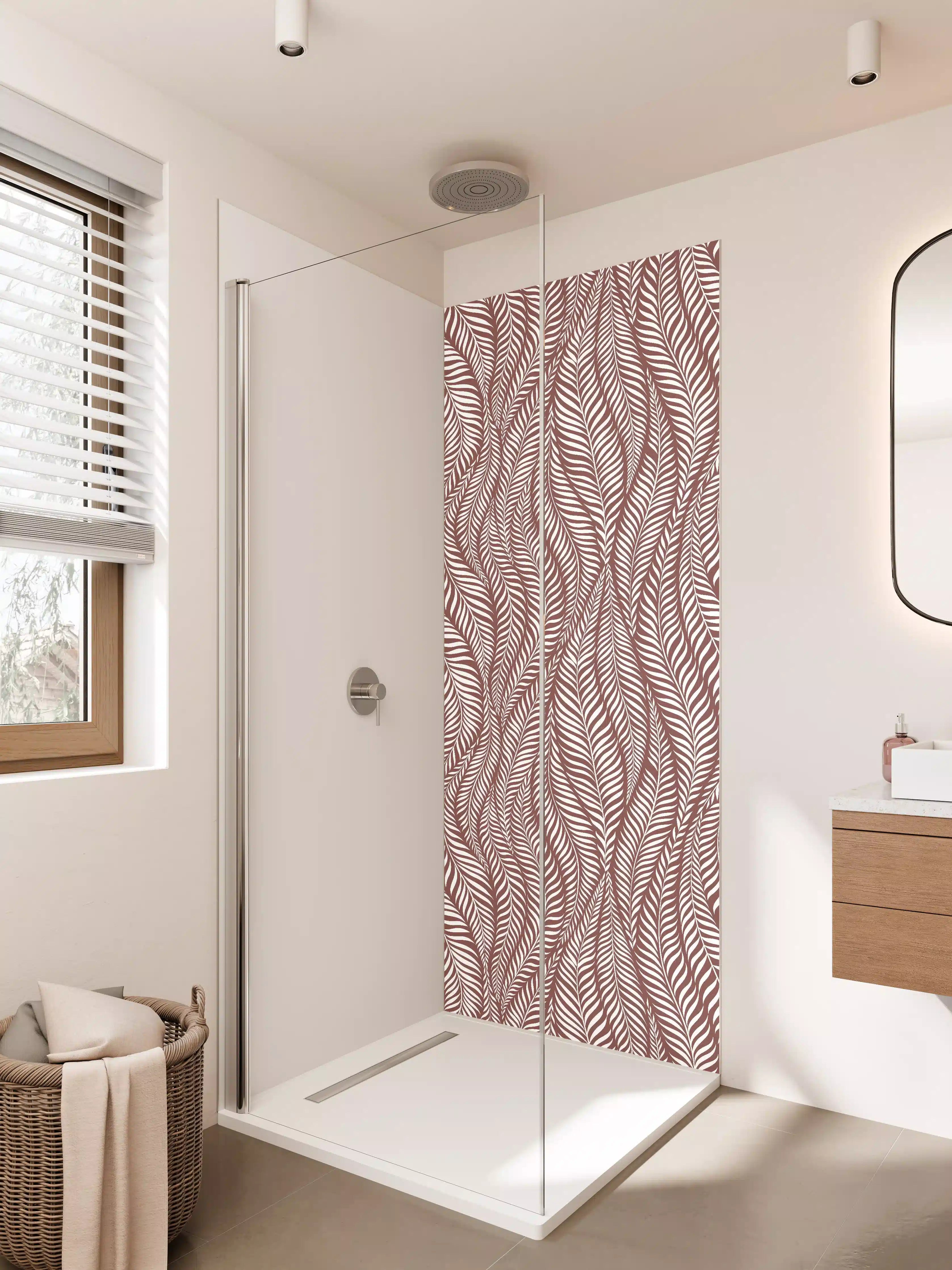 Duschrückwand - Elegante Blattmuster in Rot und Weiß