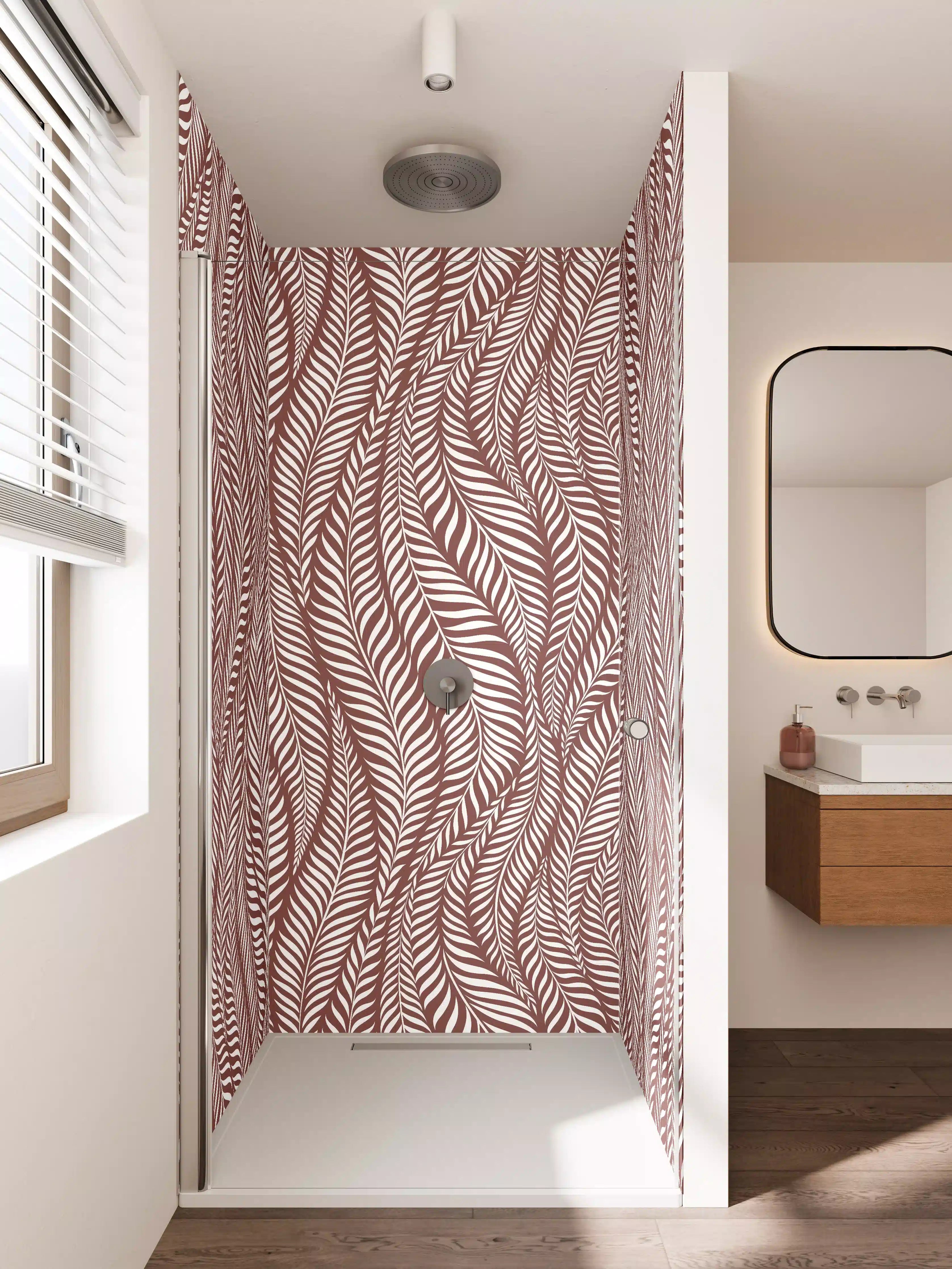 Duschrückwand - Elegante Blattmuster in Rot und Weiß