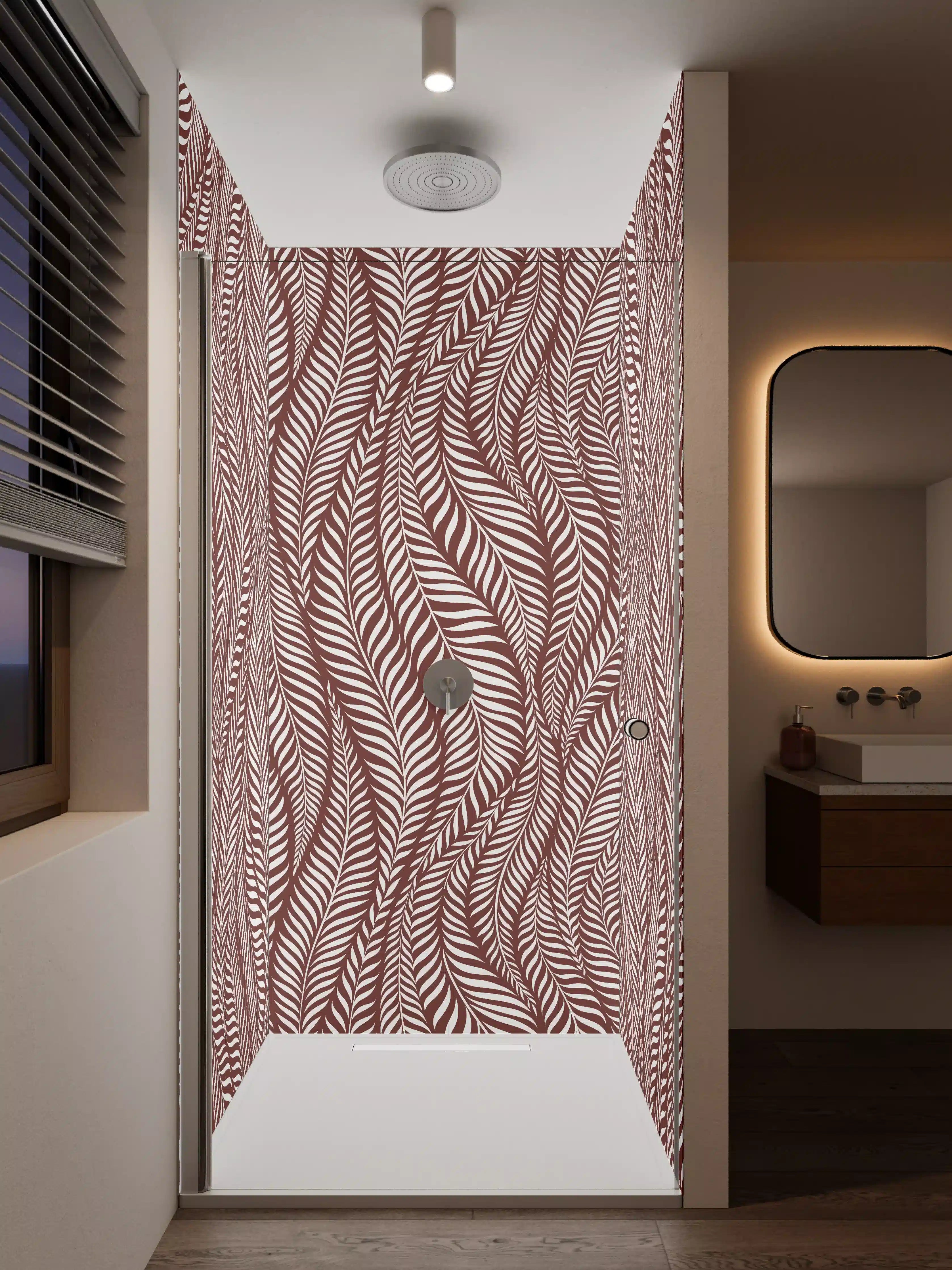 Duschrückwand - Elegante Blattmuster in Rot und Weiß