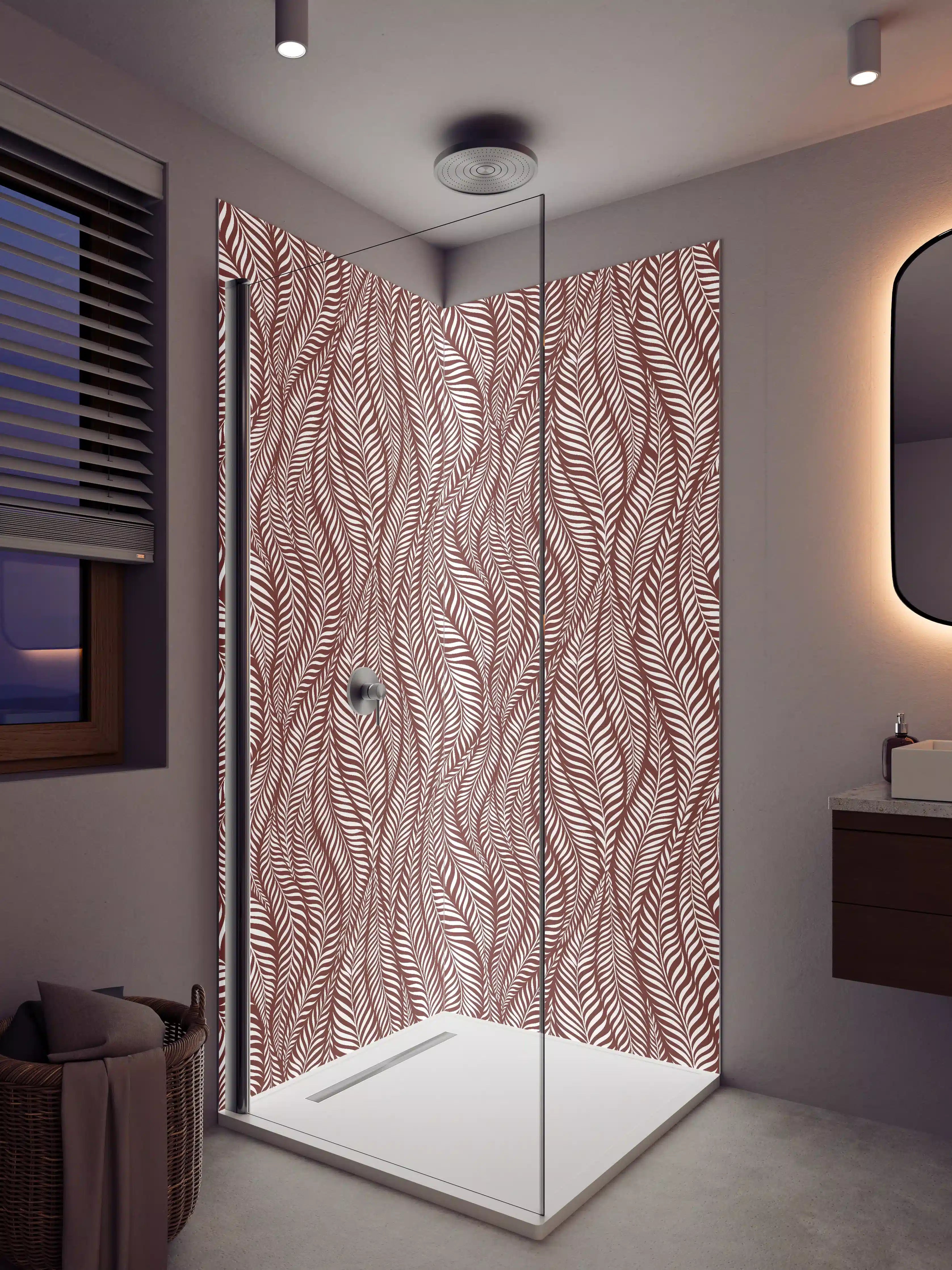 Duschrückwand - Elegante Blattmuster in Rot und Weiß