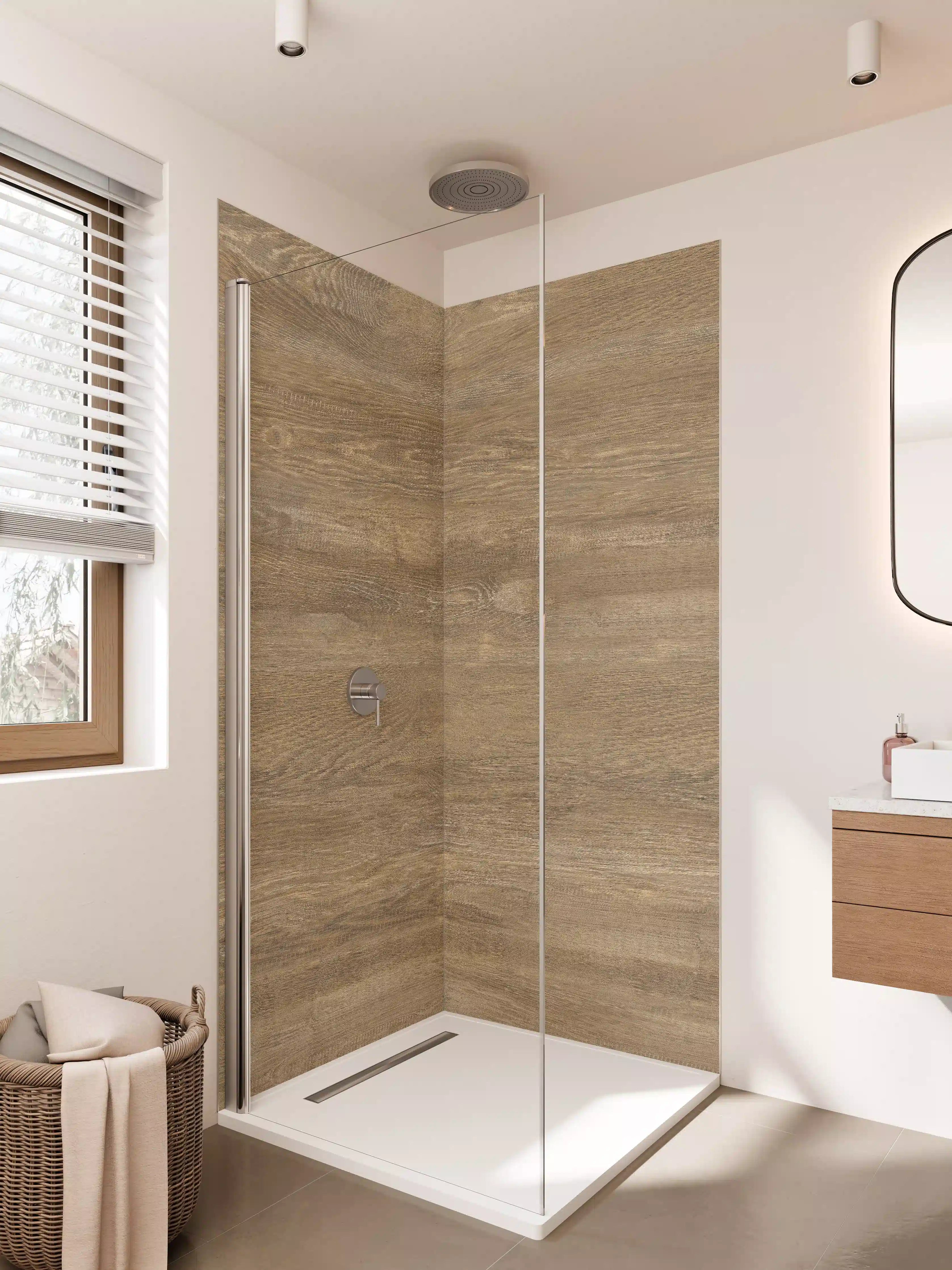Duschrückwand - Elegante Holzoptik mit Warmtönen