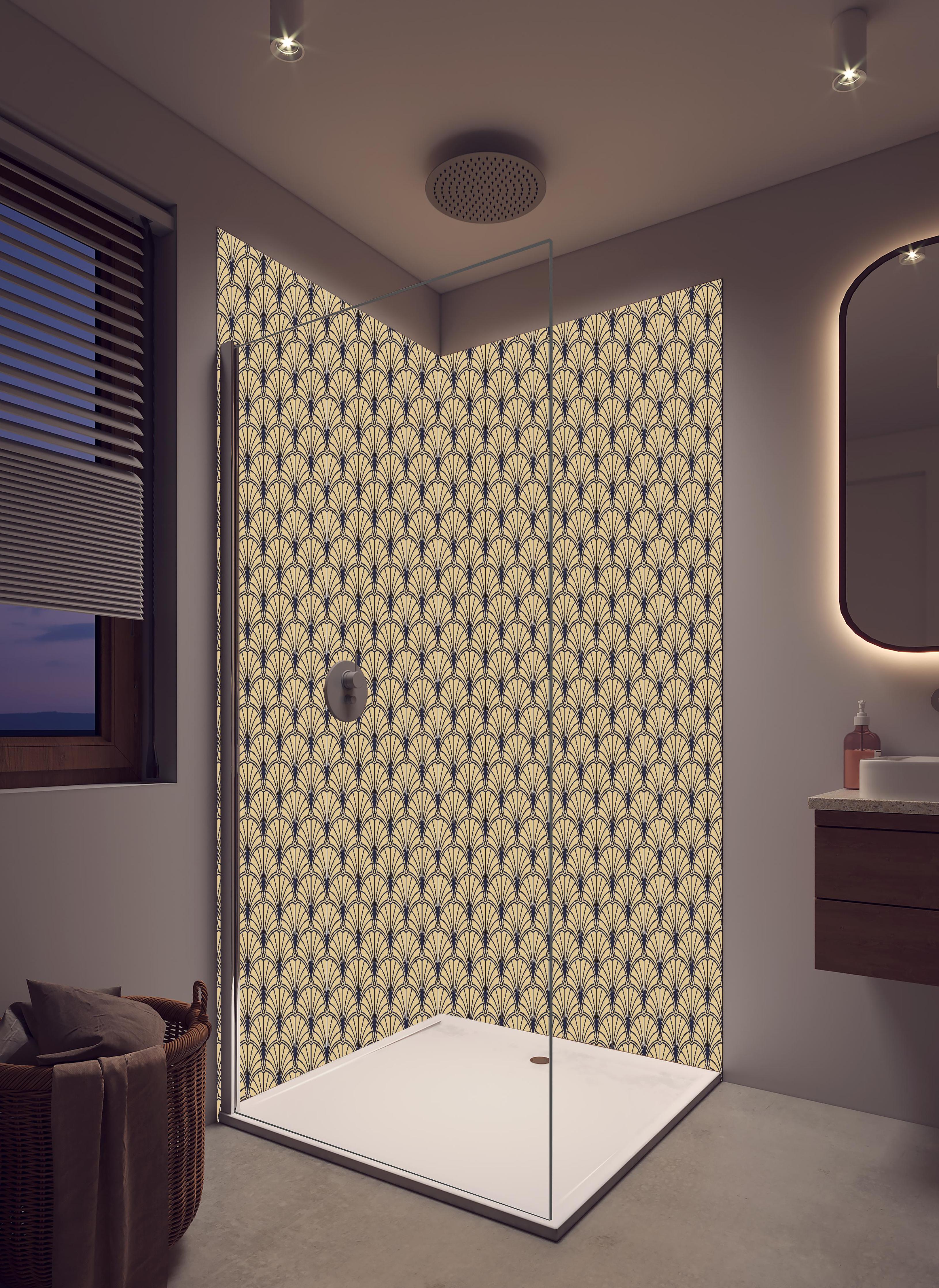 Duschrückwand - Elegante beige Musterstruktur Tapete in hellem Badezimmer mit Regenduschkopf - zweiteilige Eck-Duschrückwand