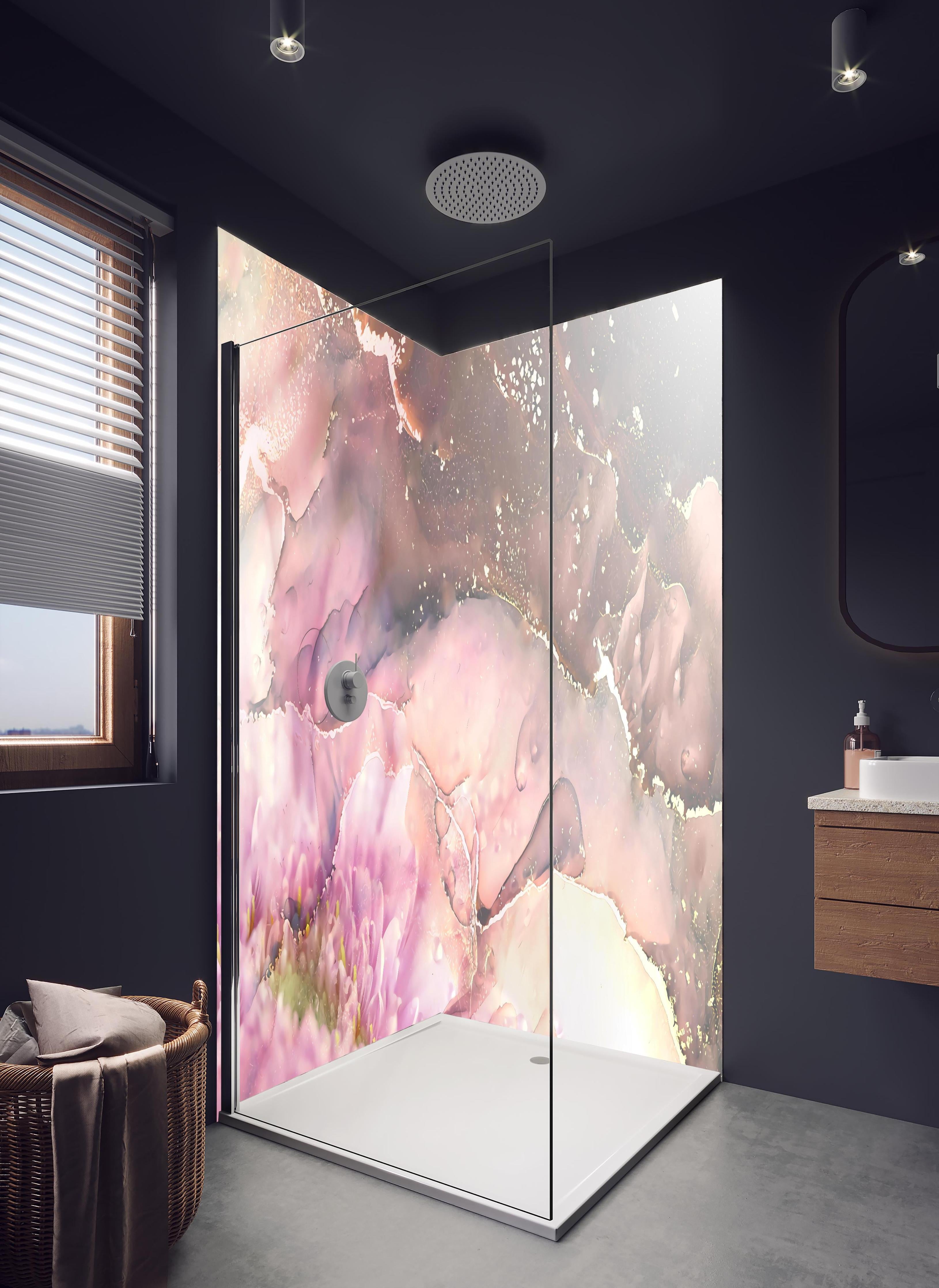 Duschrückwand - Elegante florale Marmorstruktur in Pastell in hellem Badezimmer mit Regenduschkopf - zweiteilige Eck-Duschrückwand