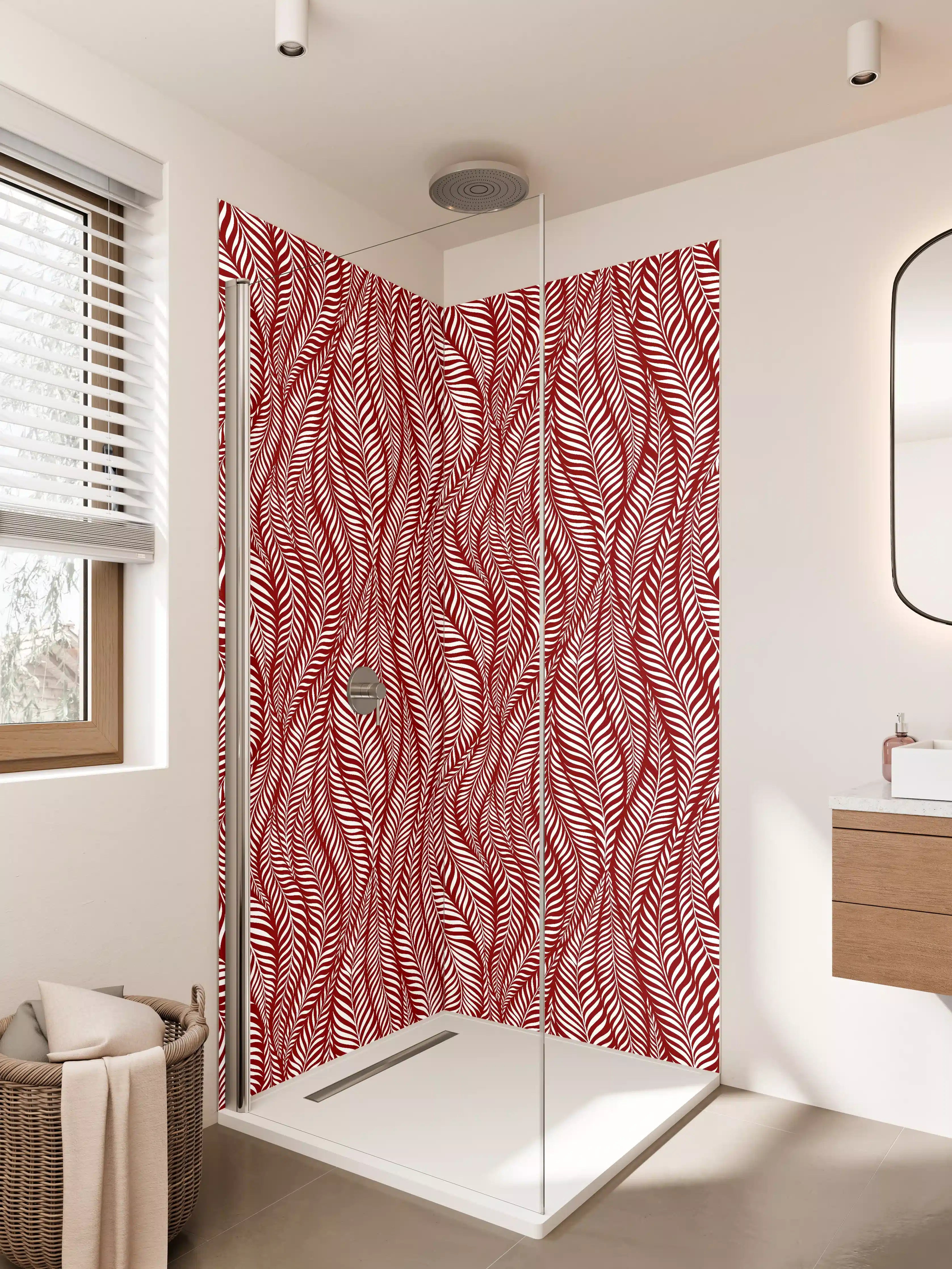 Duschrückwand - Elegante rote und weiße Wellenmuster-Textur