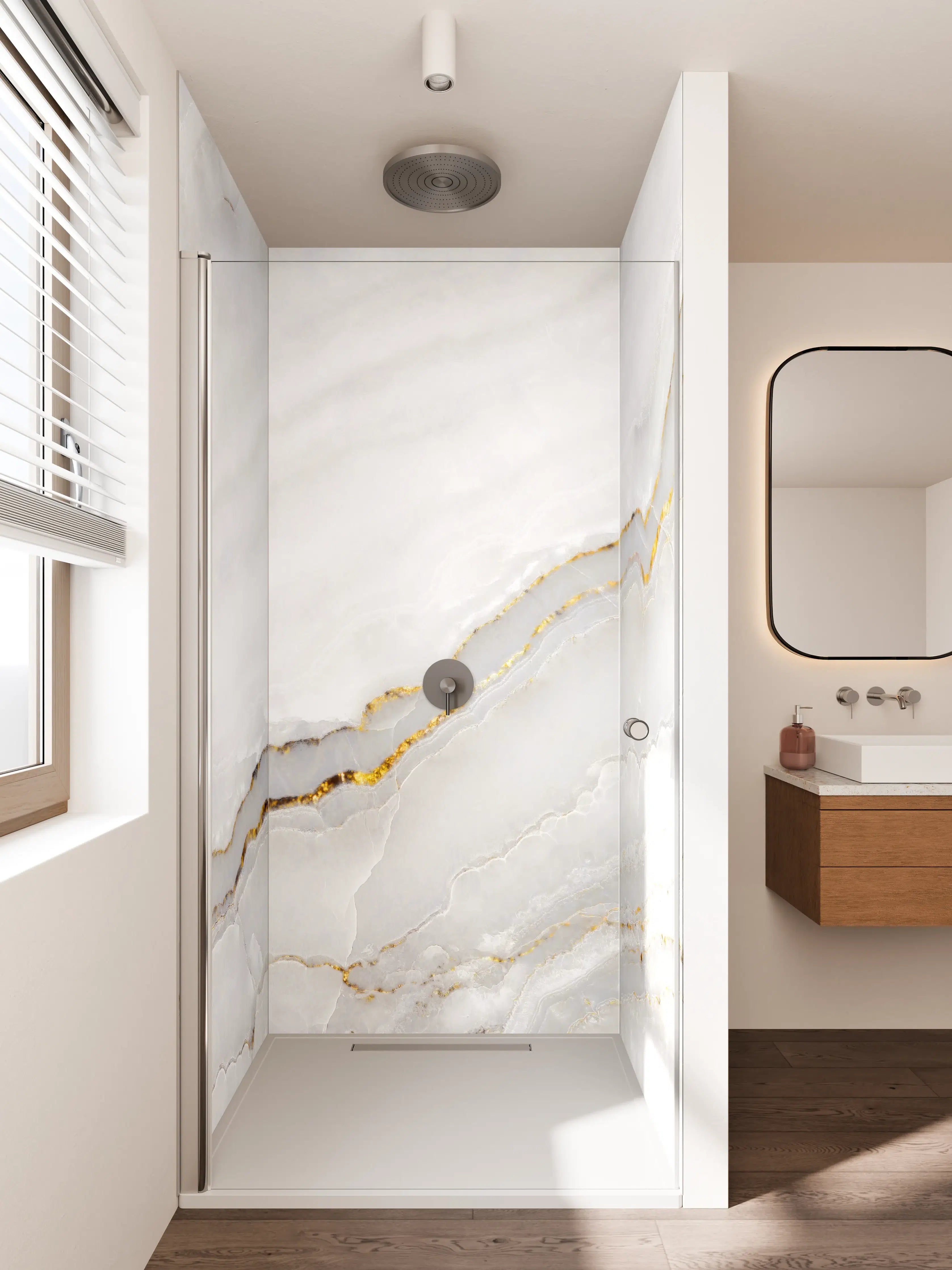 Duschrückwand - Elegante weiße Marmorfläche mit goldenen Akzenten