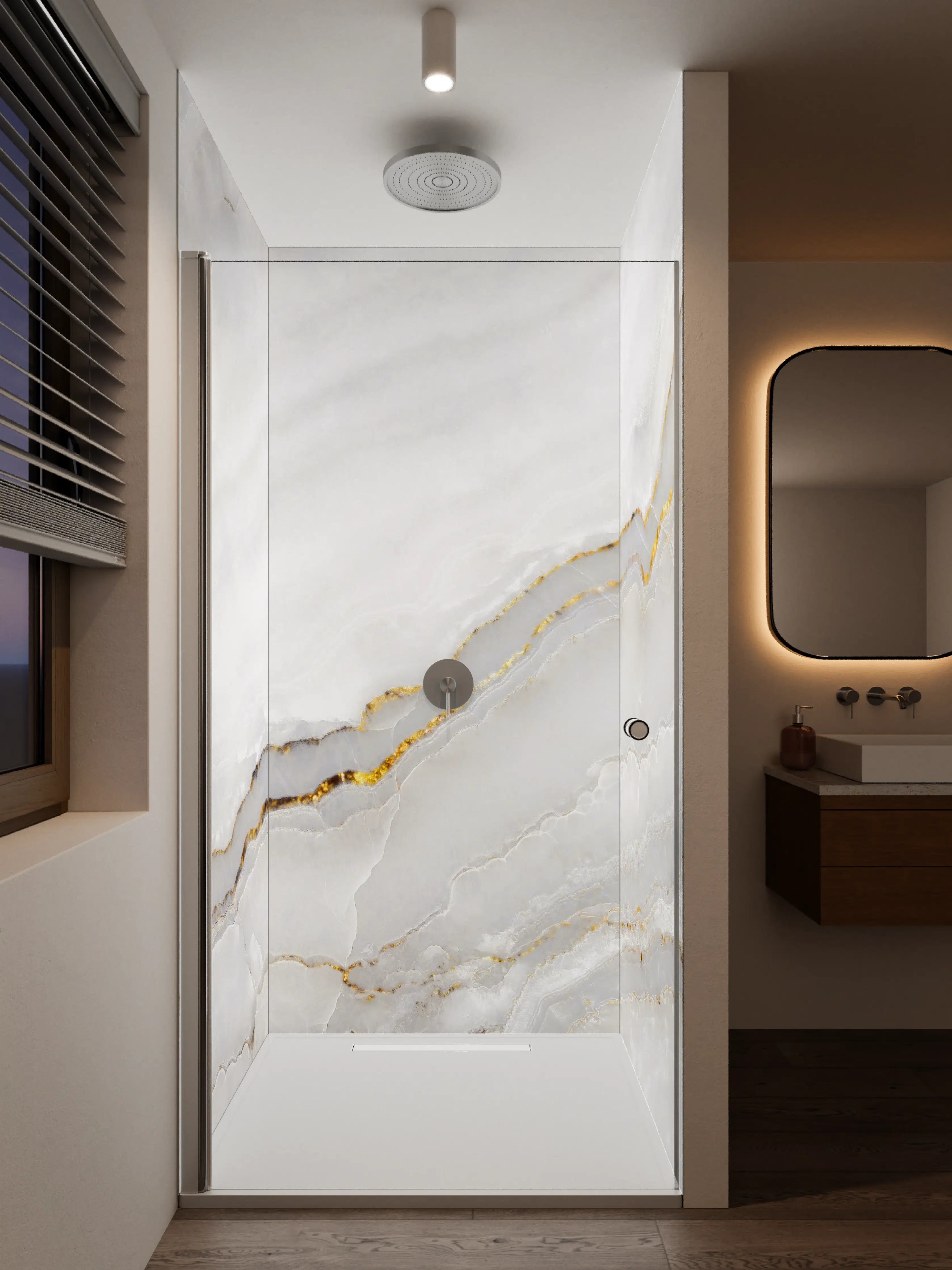 Duschrückwand - Elegante weiße Marmorfläche mit goldenen Akzenten