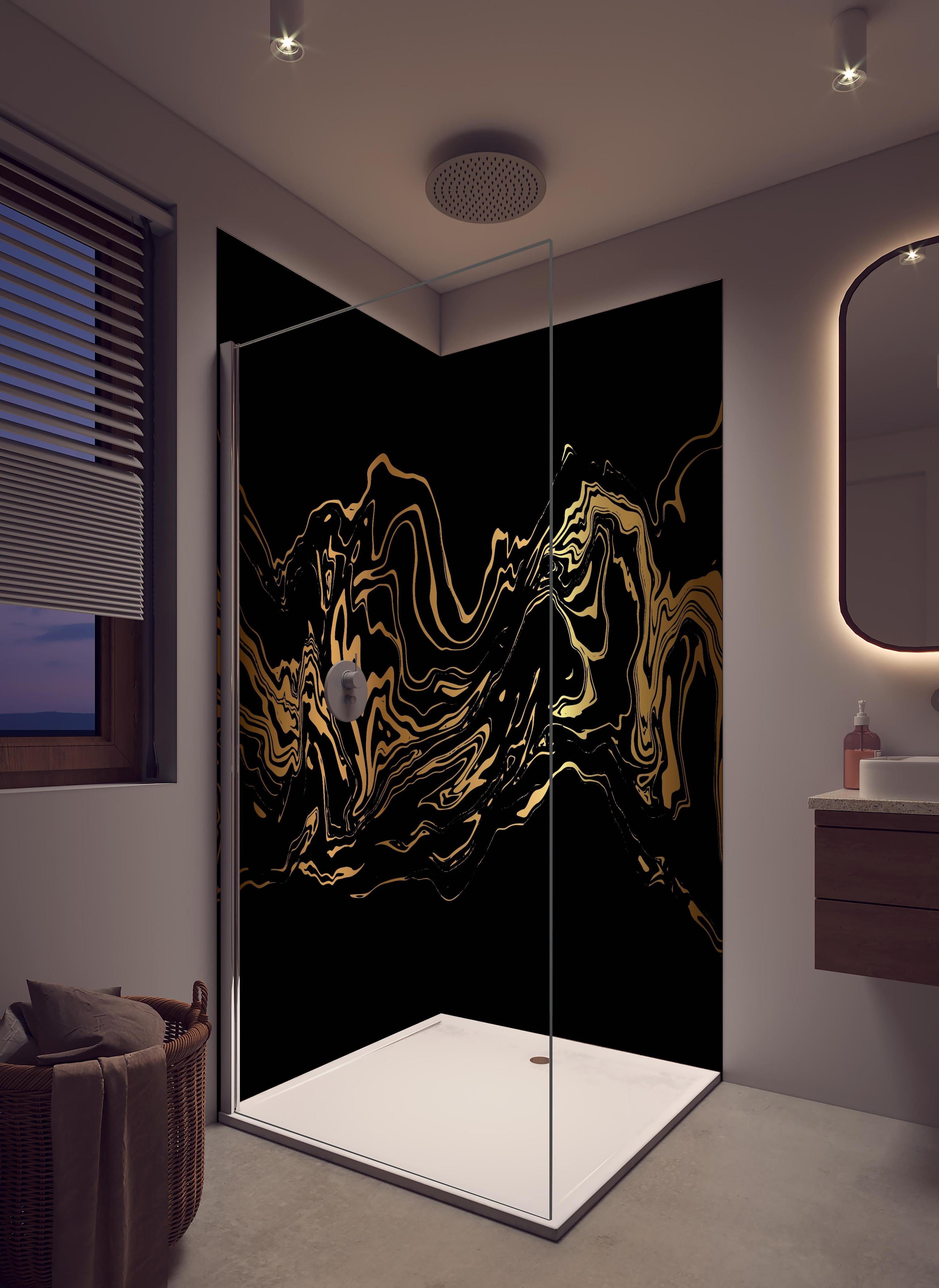 Duschrückwand - Eleganter Goldener Schwarzton Fluss in hellem Badezimmer mit Regenduschkopf - zweiteilige Eck-Duschrückwand