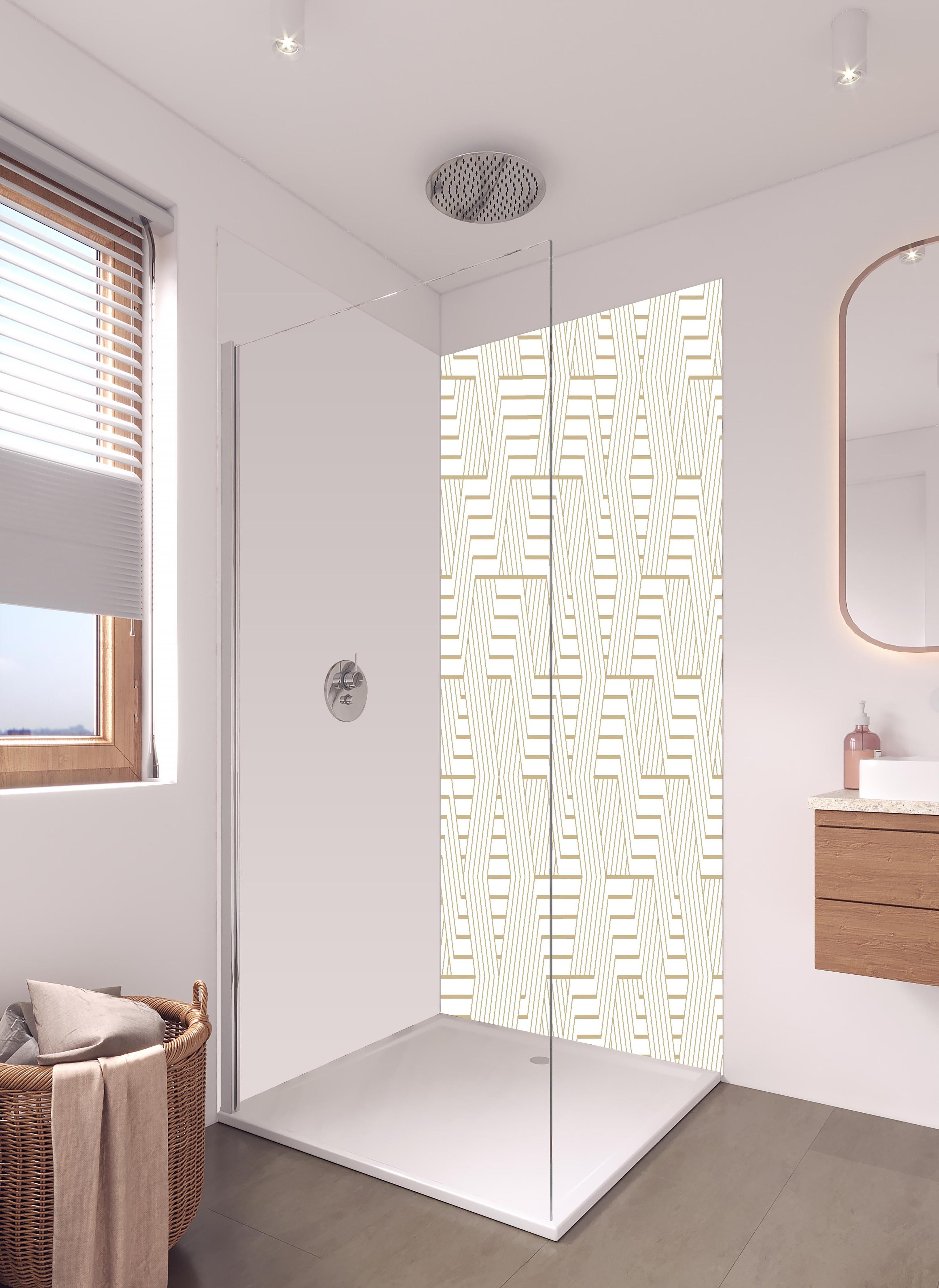 Duschrückwand - Eleganter Hintergrund mit geometrischem Gold und Weiß in hellem Badezimmer mit Regenduschkopf - zweiteilige Eck-Duschrückwand