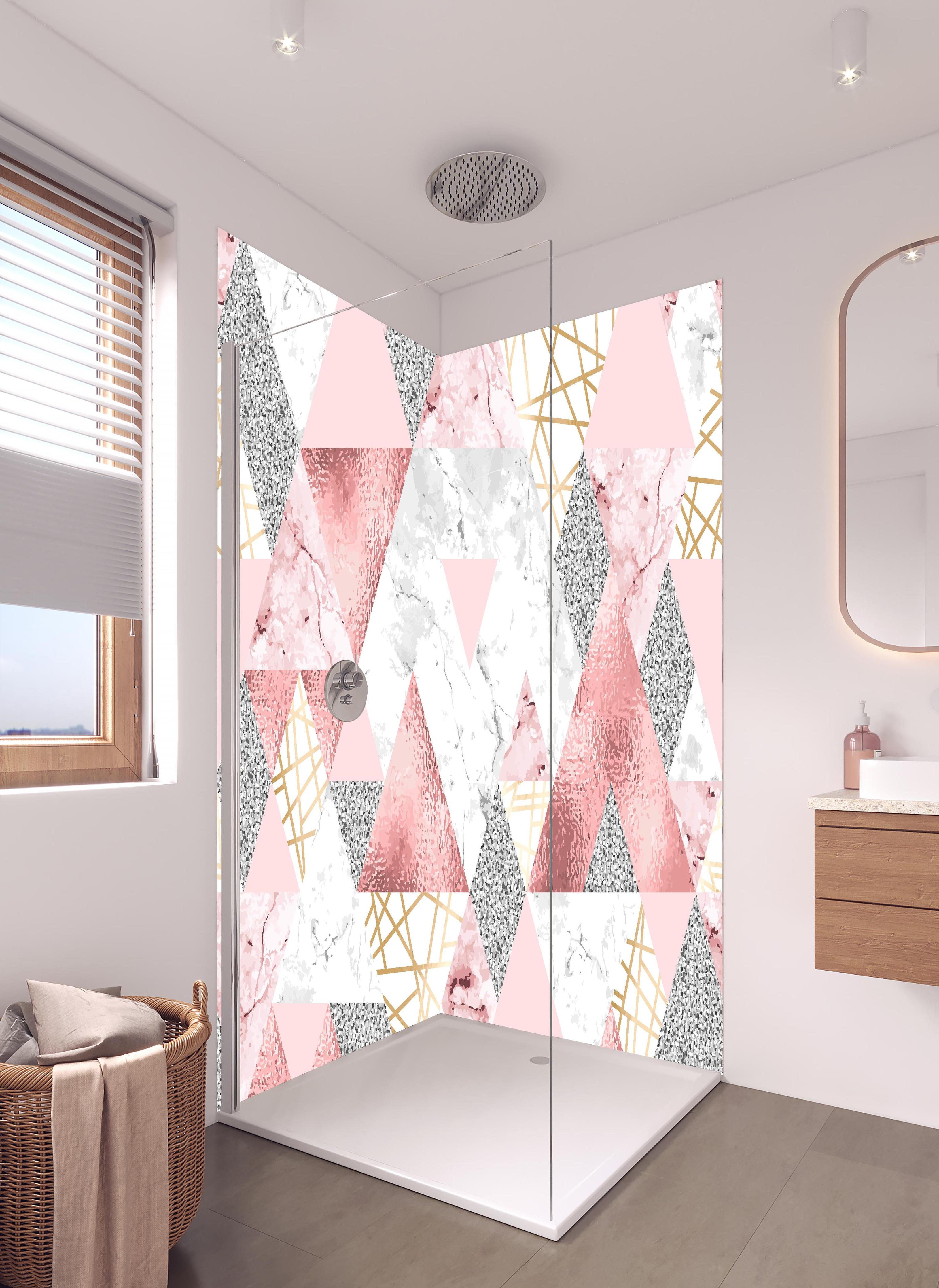 Duschrückwand - Eleganter Marmor Dekor in Rosa und Gold in hellem Badezimmer mit Regenduschkopf - zweiteilige Eck-Duschrückwand