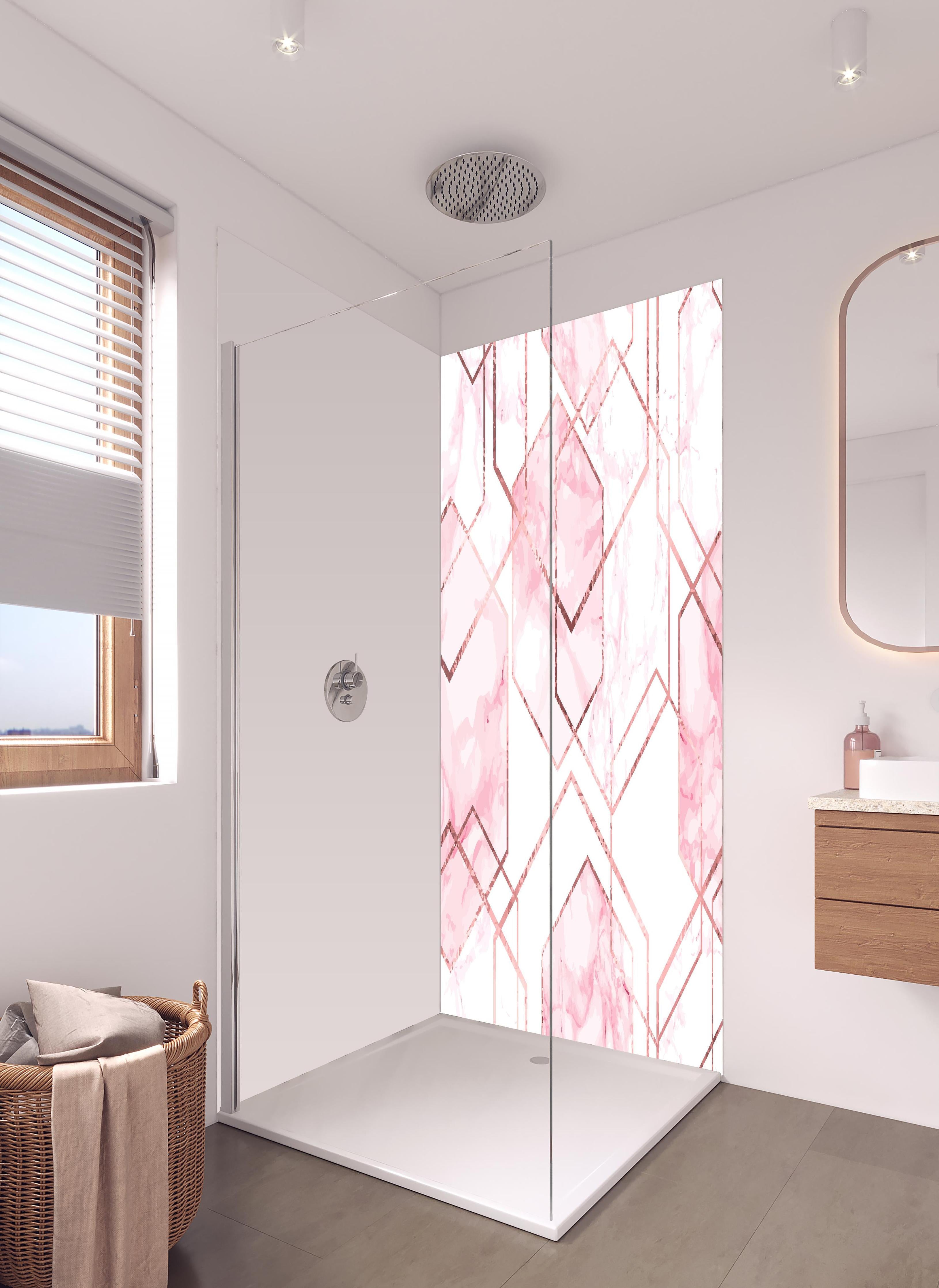 Duschrückwand - Eleganter rosa Marmor mit goldenen Linien in hellem Badezimmer mit Regenduschkopf - zweiteilige Eck-Duschrückwand