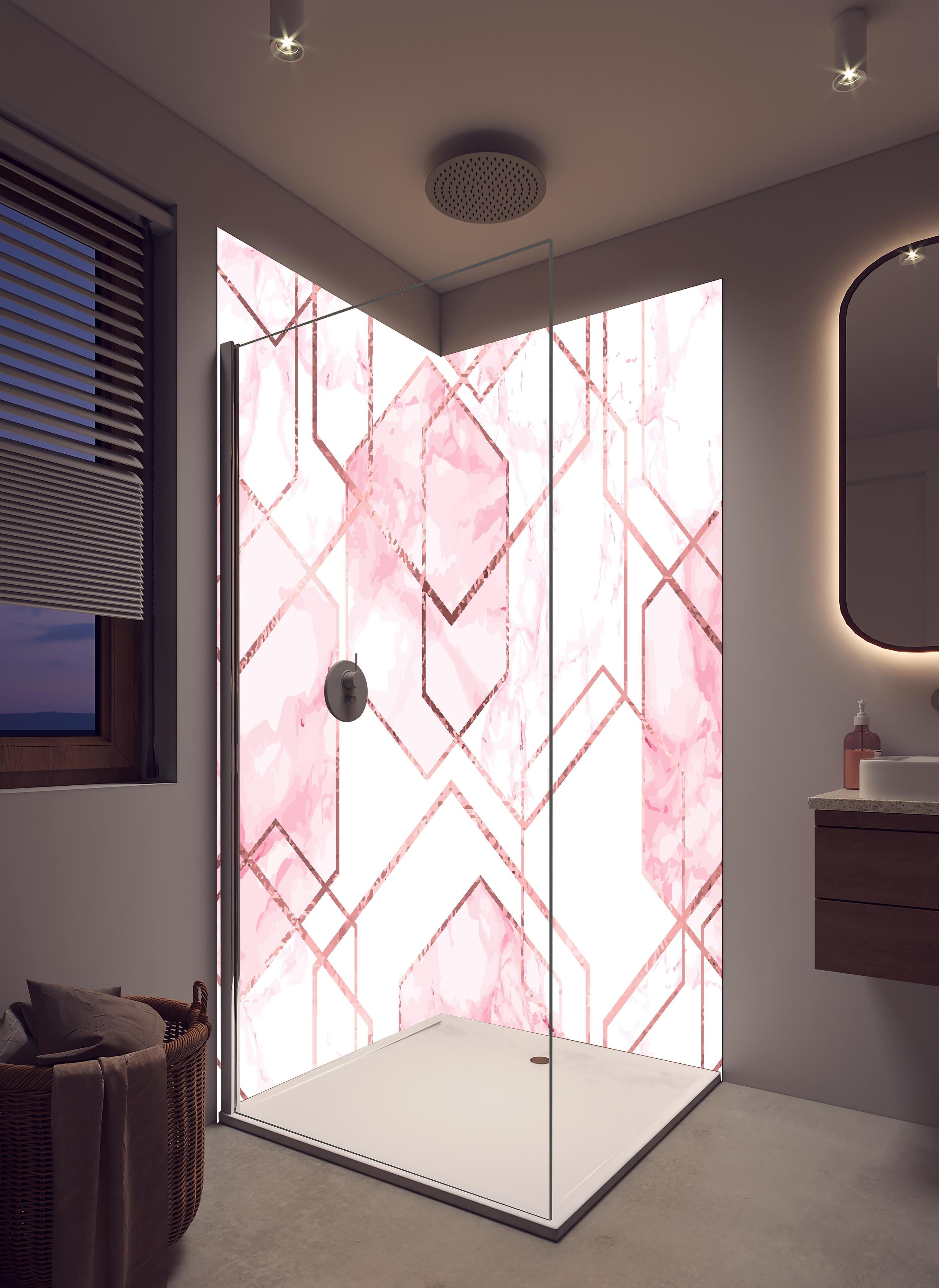 Duschrückwand - Eleganter rosa Marmor mit goldenen Linien in hellem Badezimmer mit Regenduschkopf - zweiteilige Eck-Duschrückwand