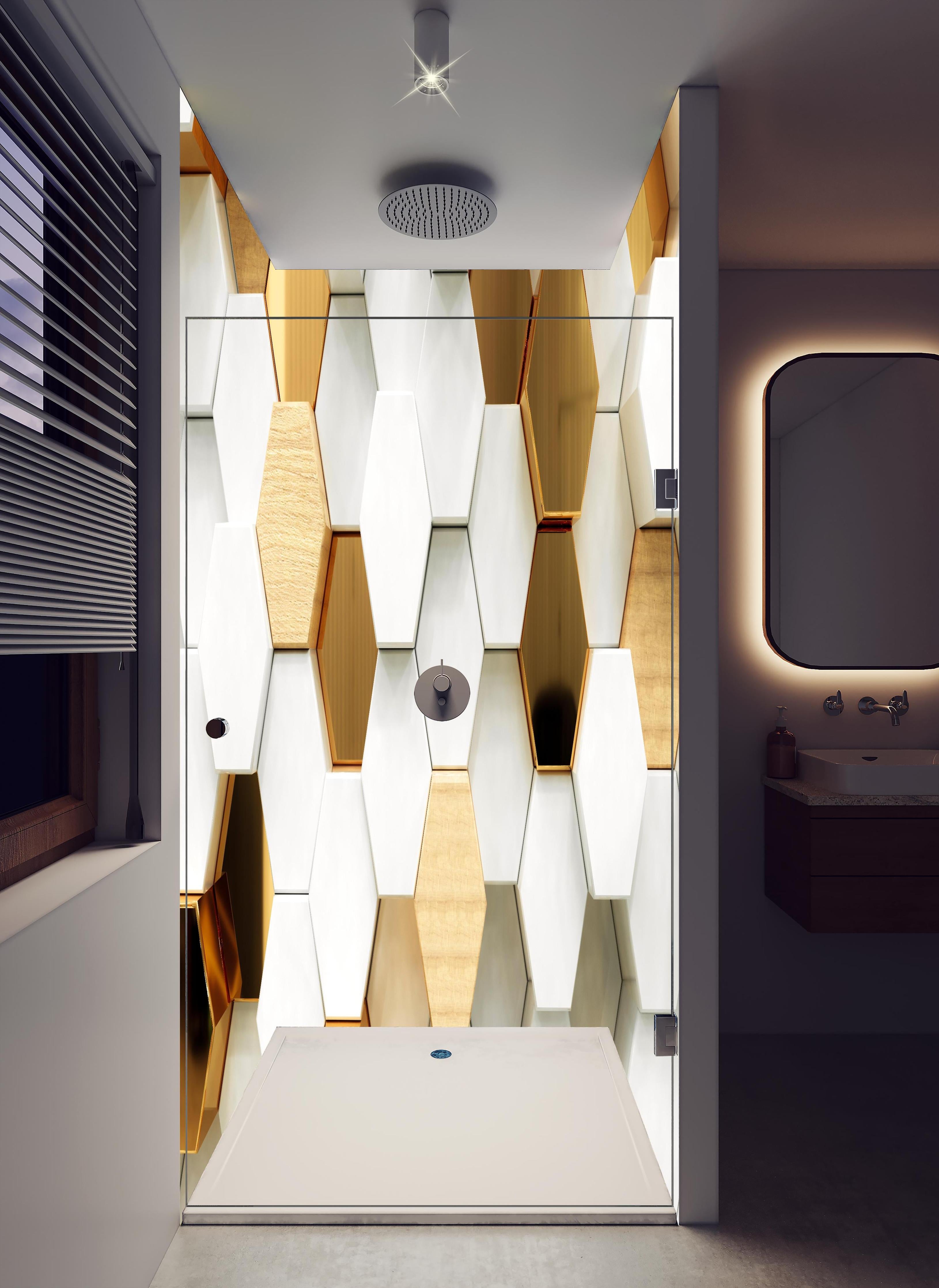 Duschrückwand - Eleganter weißer Hintergrund mit goldenen Hexagonen in hellem Badezimmer mit Regenduschkopf - zweiteilige Eck-Duschrückwand
