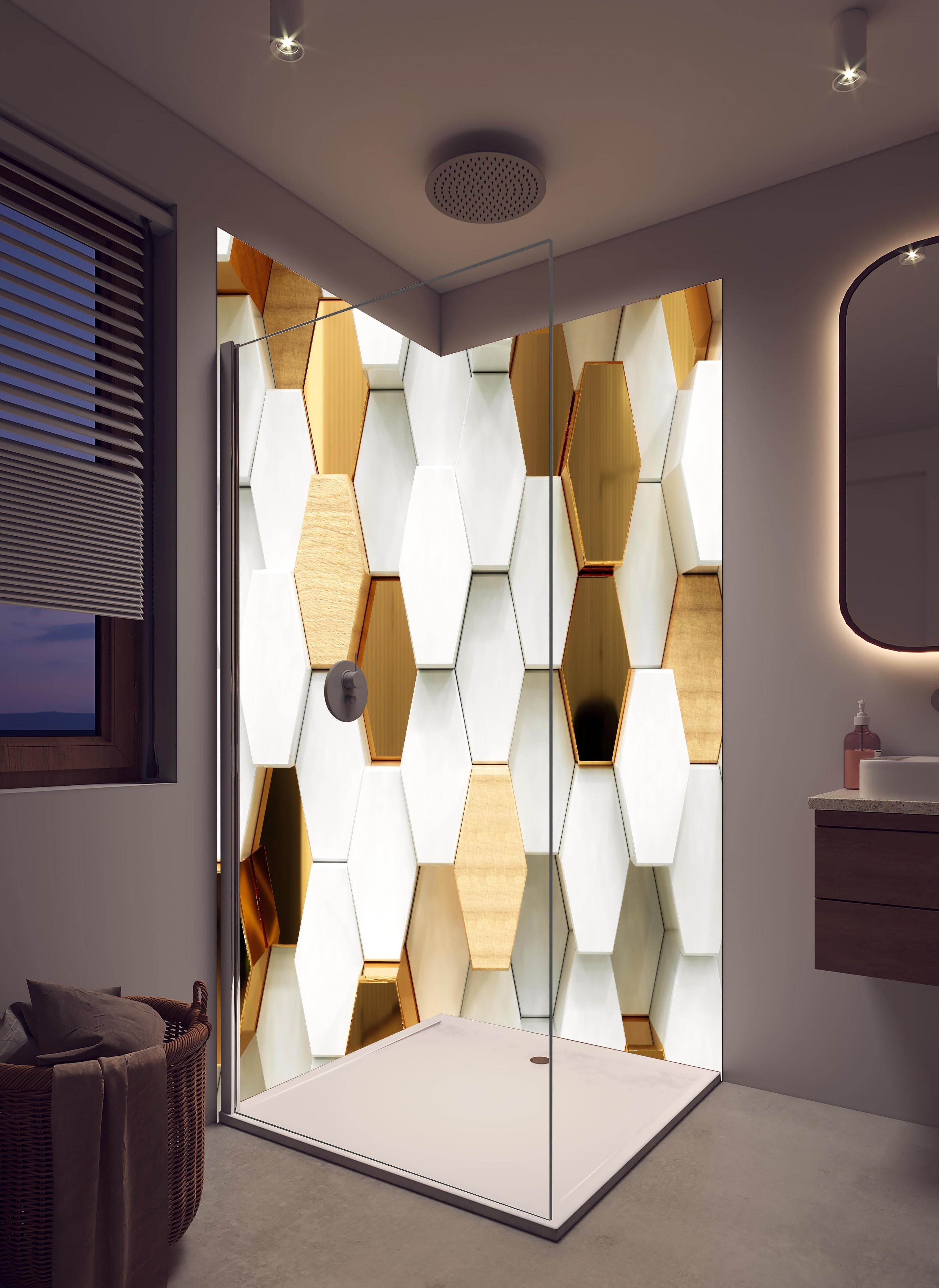 Duschrückwand - Eleganter weißer Hintergrund mit goldenen Hexagonen in hellem Badezimmer mit Regenduschkopf - zweiteilige Eck-Duschrückwand