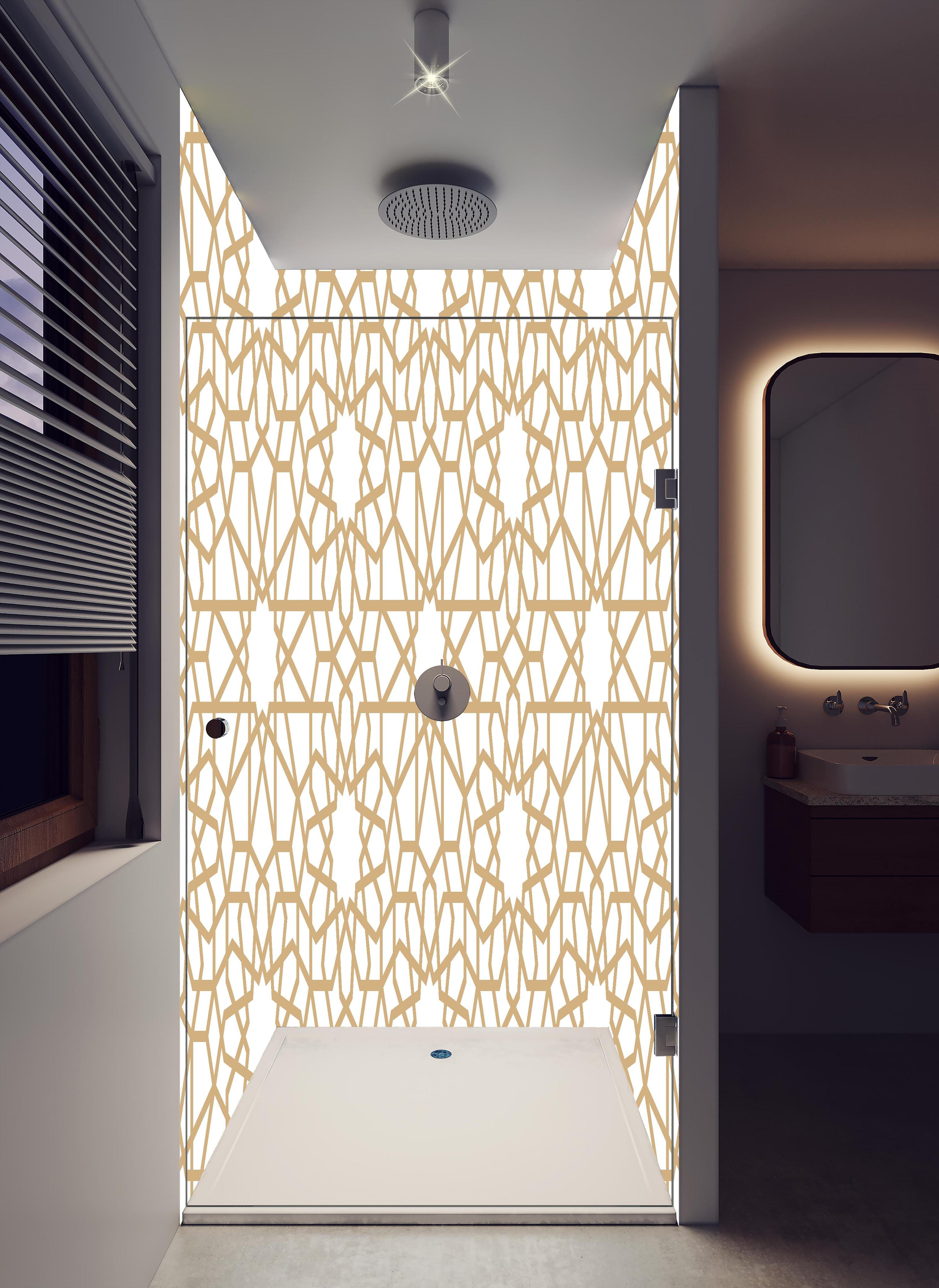 Duschrückwand - Elegantes Arabesken Design in Gold und Weiß in hellem Badezimmer mit Regenduschkopf - zweiteilige Eck-Duschrückwand
