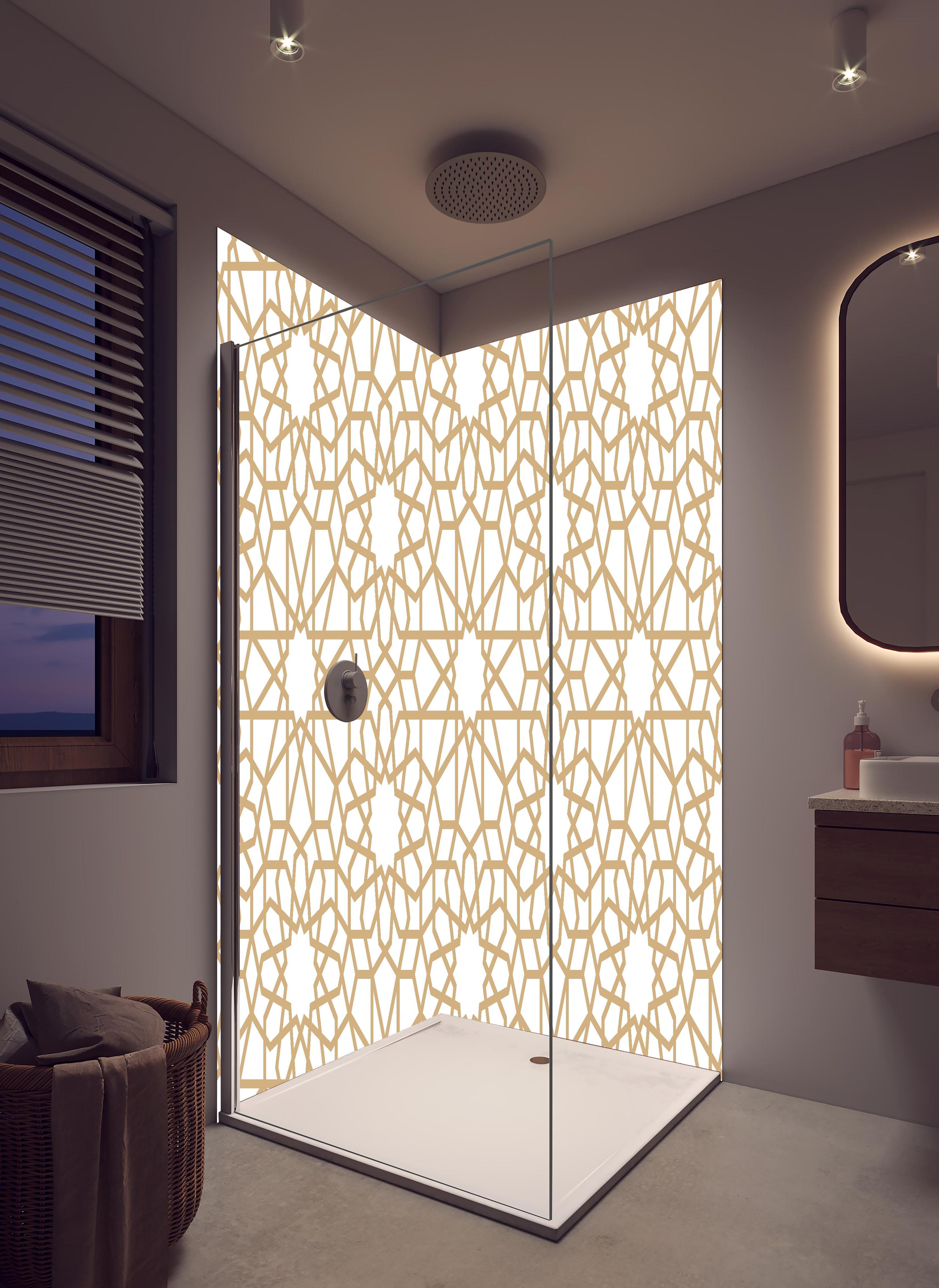 Duschrückwand - Elegantes Arabesken Design in Gold und Weiß in hellem Badezimmer mit Regenduschkopf - zweiteilige Eck-Duschrückwand