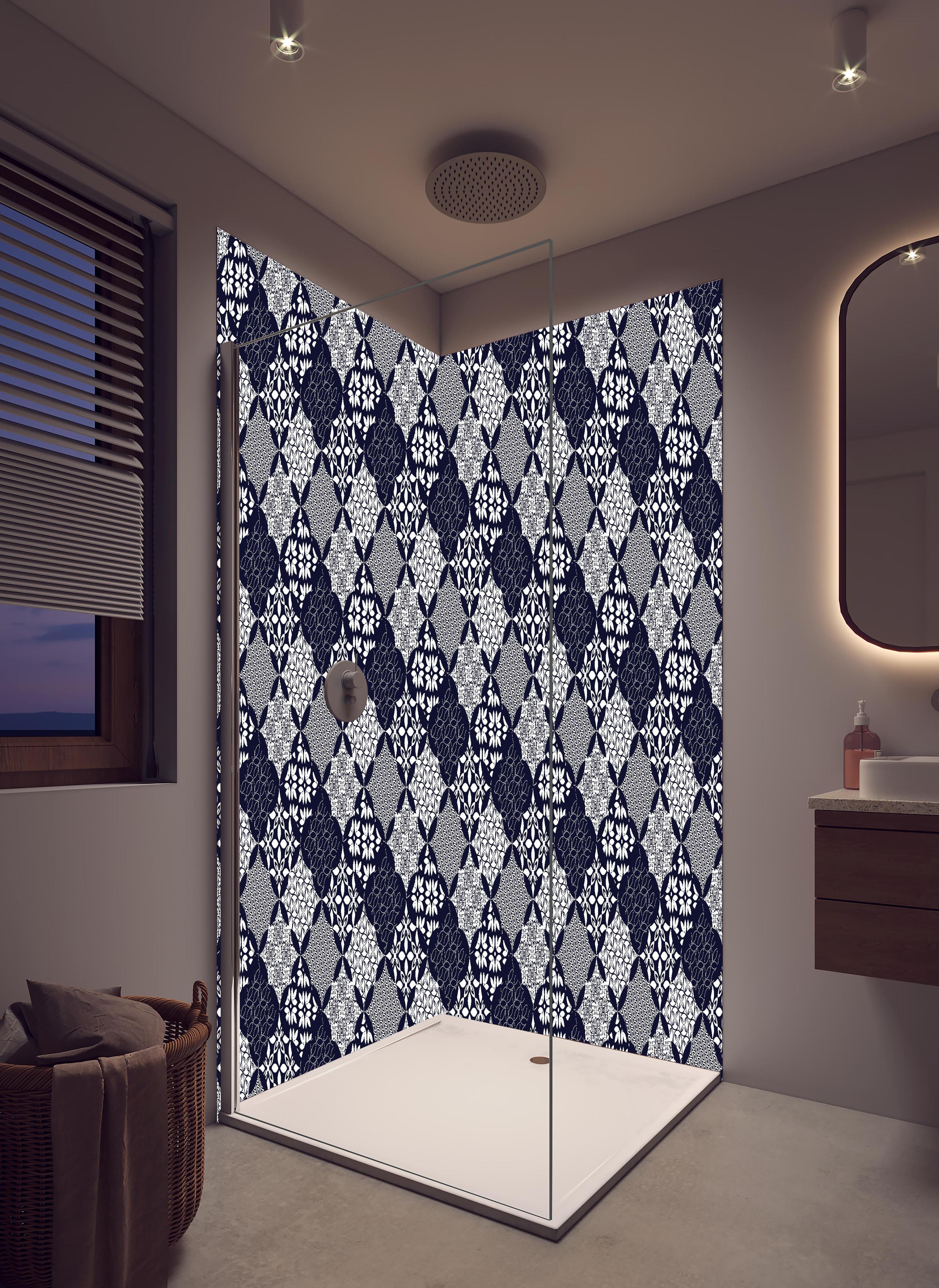 Duschrückwand - Elegantes Blau-Weißes Grafikdesign in hellem Badezimmer mit Regenduschkopf - zweiteilige Eck-Duschrückwand