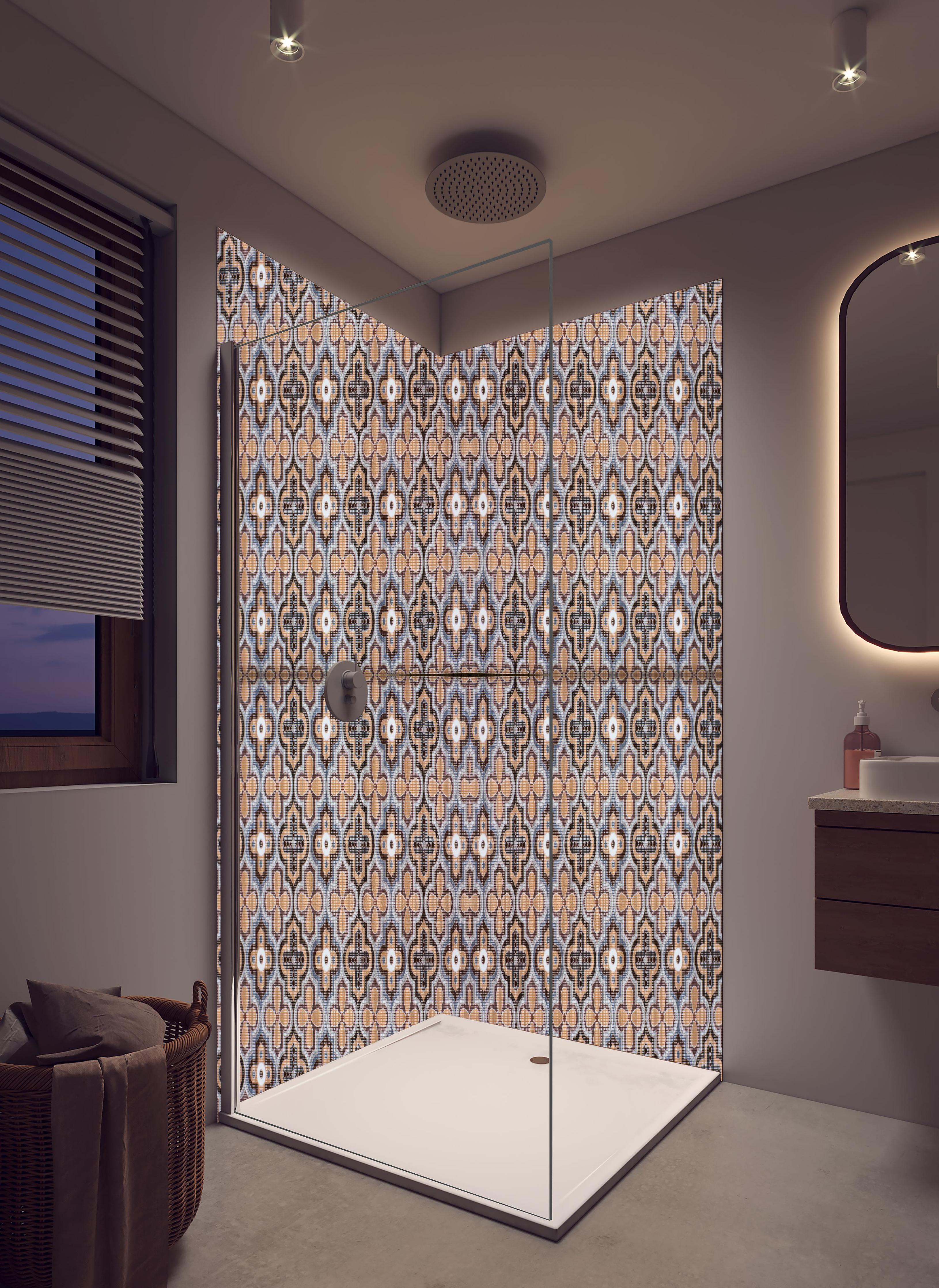 Duschrückwand - Elegantes Braun-Beiges Retro-Fliesenmuster in hellem Badezimmer mit Regenduschkopf - zweiteilige Eck-Duschrückwand