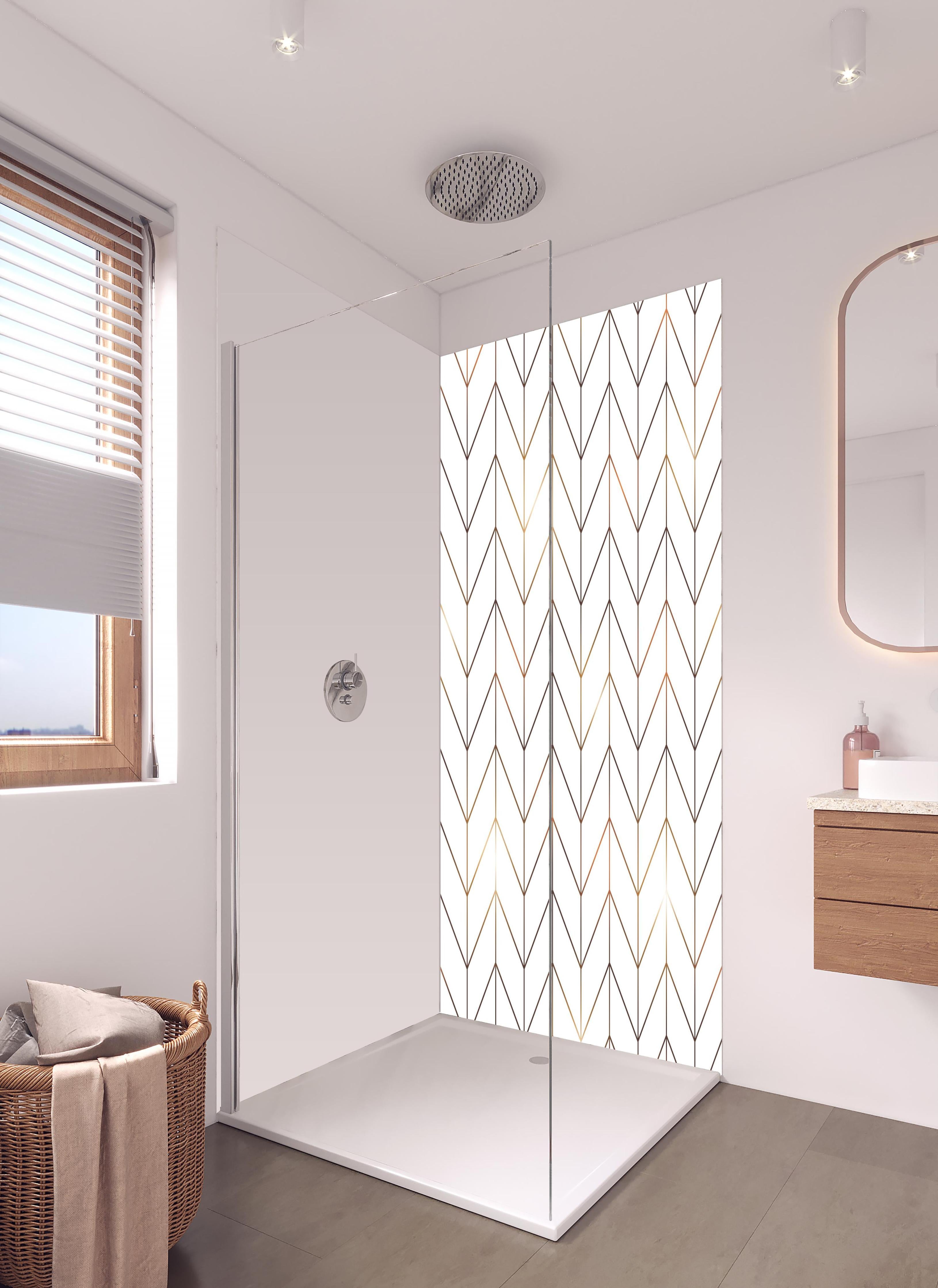 Duschrückwand - Elegantes Chevron Muster in Gold-Schwarz in hellem Badezimmer mit Regenduschkopf - zweiteilige Eck-Duschrückwand