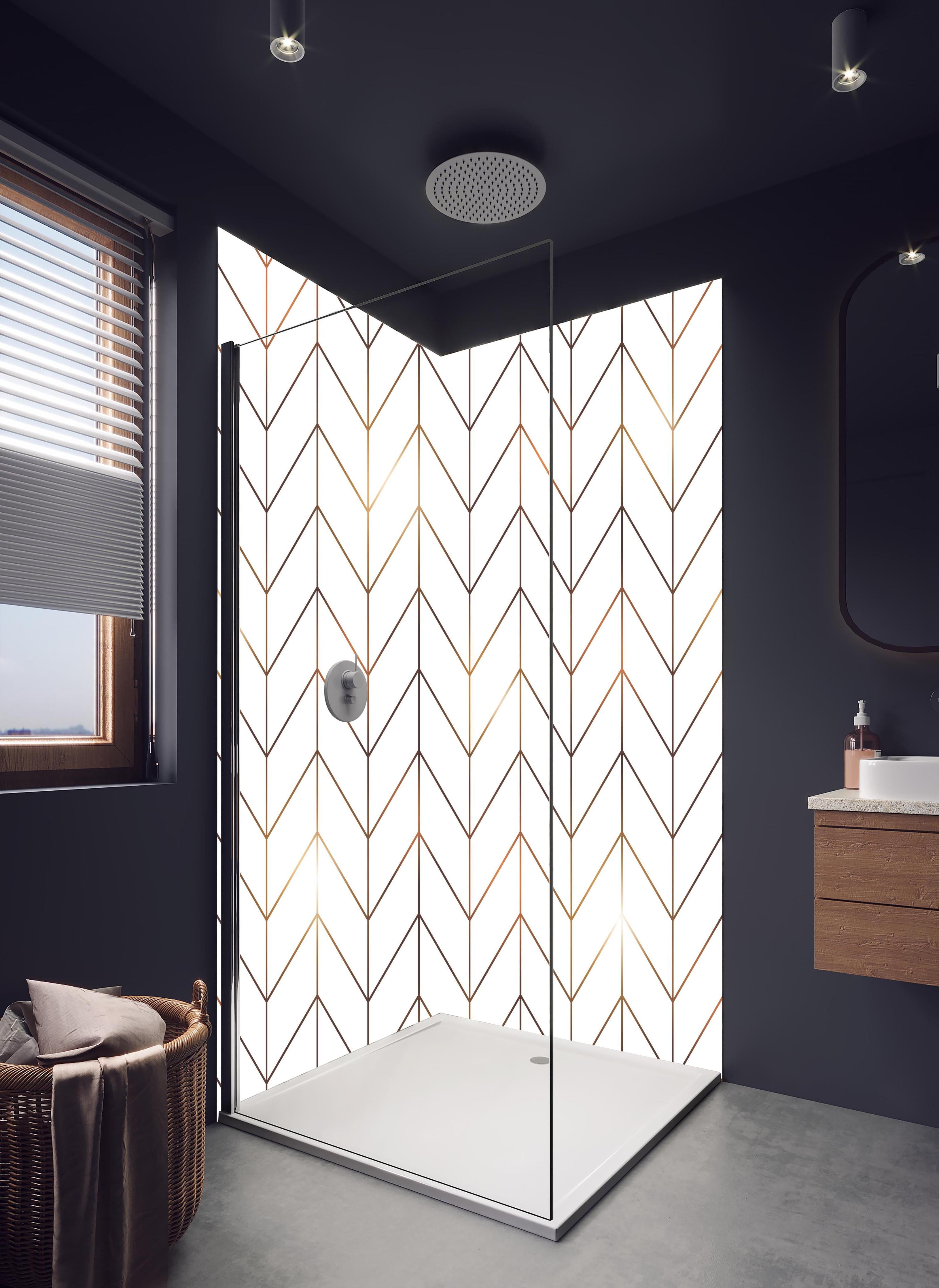 Duschrückwand - Elegantes Chevron Muster in Gold-Schwarz in hellem Badezimmer mit Regenduschkopf - zweiteilige Eck-Duschrückwand