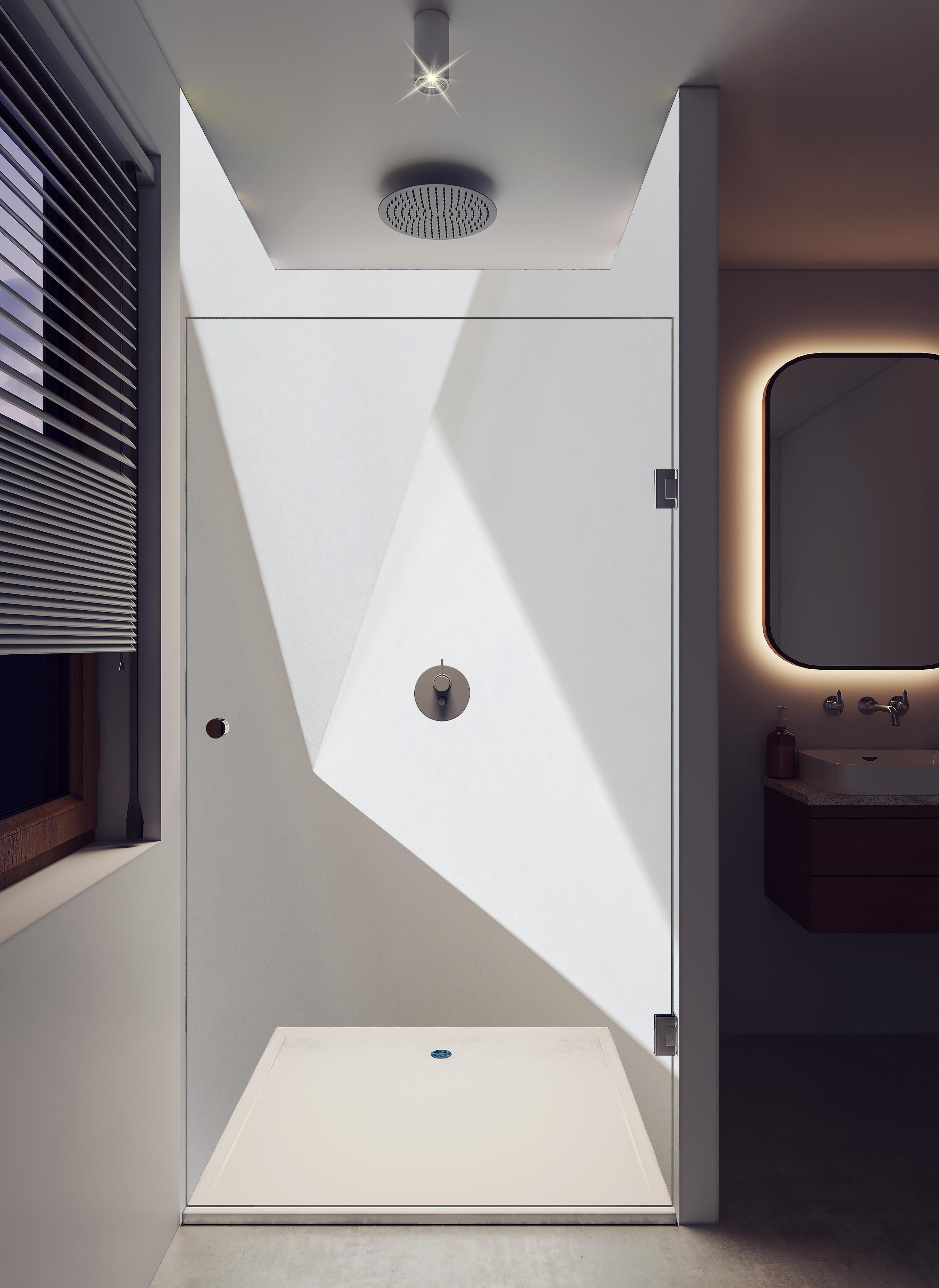 Duschrückwand - Elegantes Design Weiß und Schatten-Textur in hellem Badezimmer mit Regenduschkopf - zweiteilige Eck-Duschrückwand