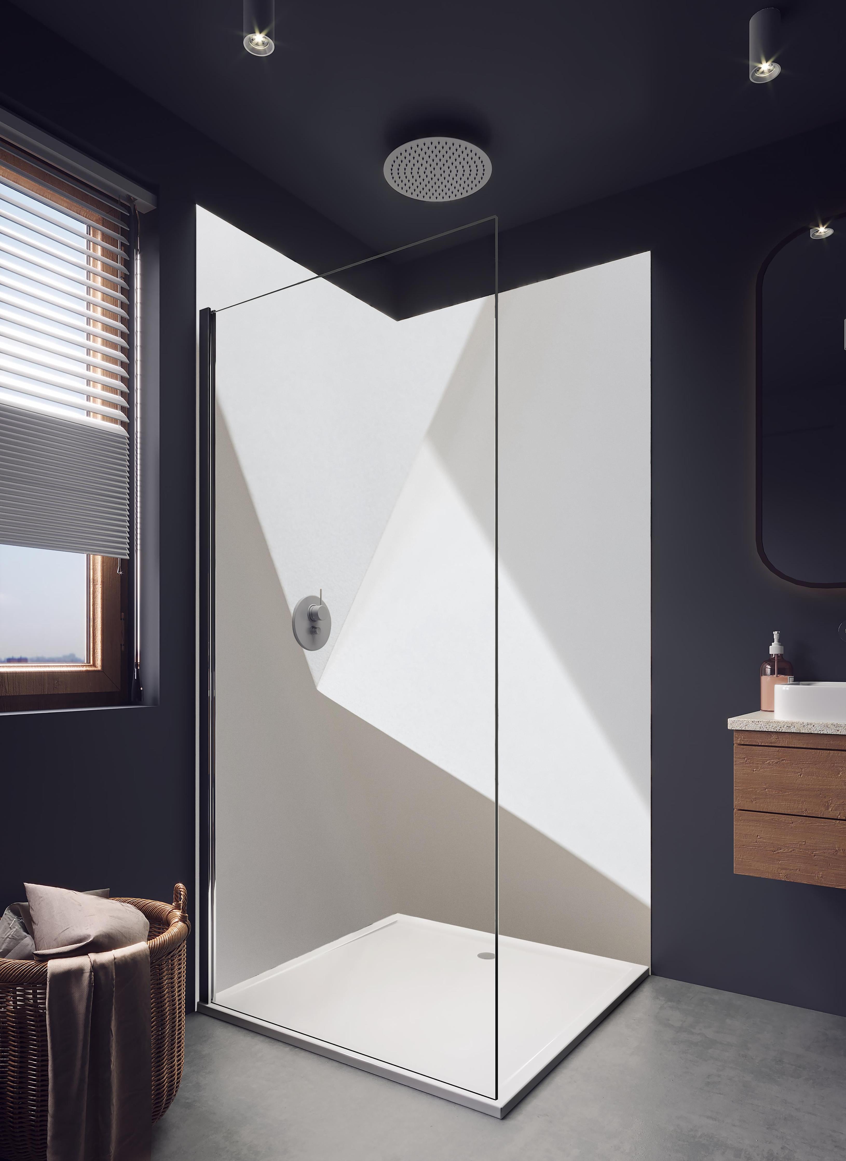 Duschrückwand - Elegantes Design Weiß und Schatten-Textur in hellem Badezimmer mit Regenduschkopf - zweiteilige Eck-Duschrückwand