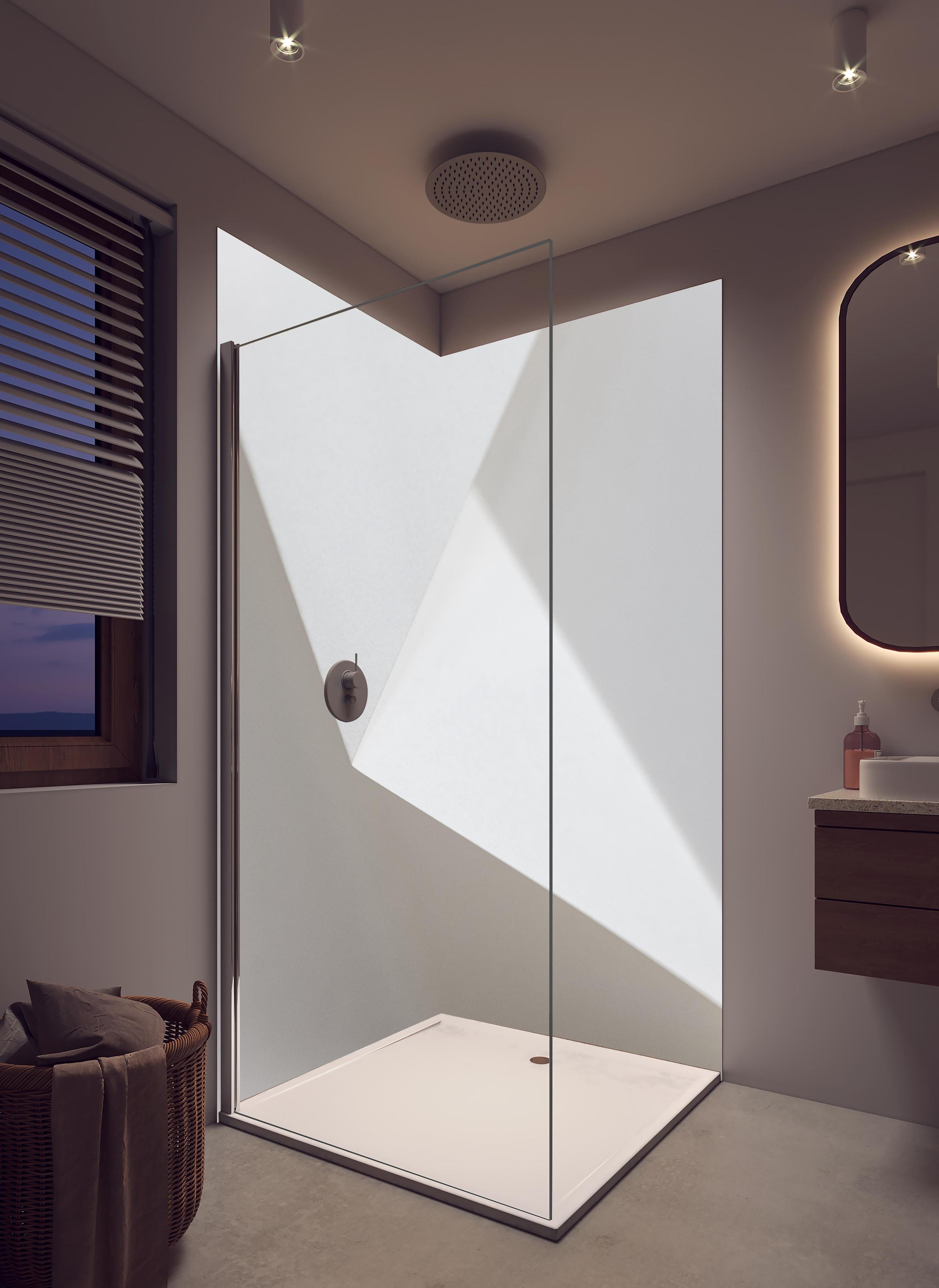 Duschrückwand - Elegantes Design Weiß und Schatten-Textur in hellem Badezimmer mit Regenduschkopf - zweiteilige Eck-Duschrückwand