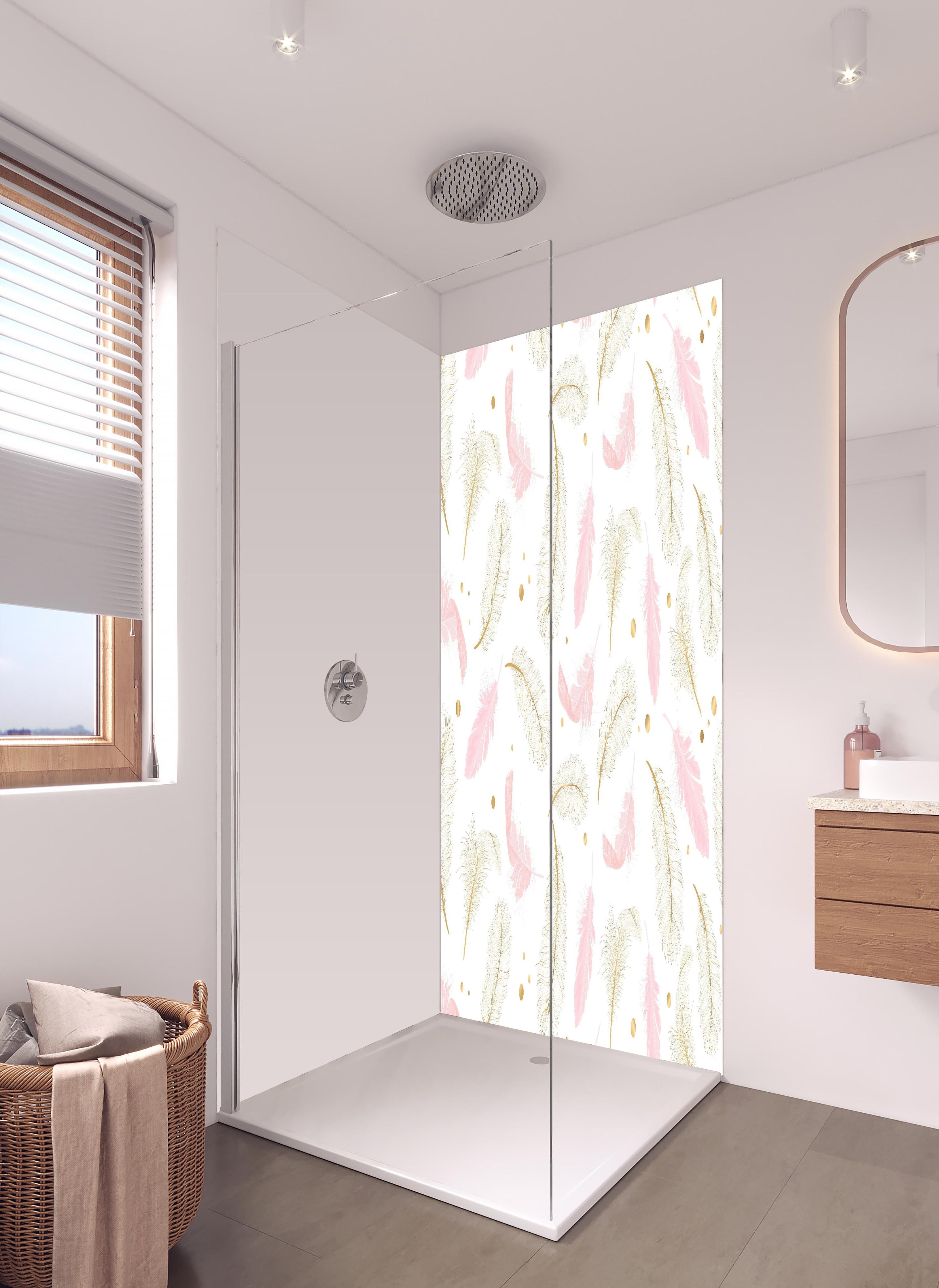 Duschrückwand - Elegantes Feder-Muster in Rosa und Goldtönen in hellem Badezimmer mit Regenduschkopf - zweiteilige Eck-Duschrückwand
