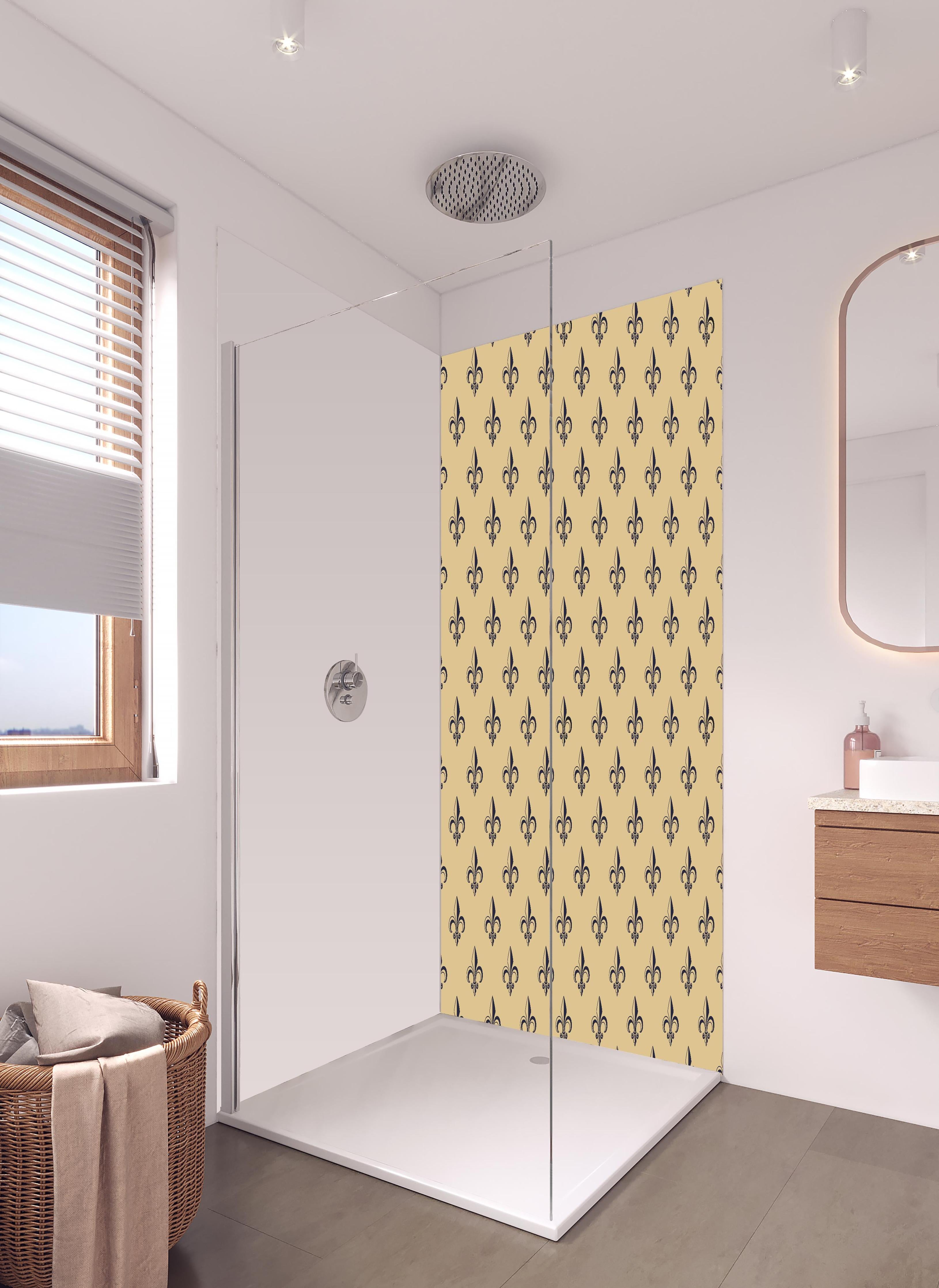 Duschrückwand - Elegantes Fleur-de-Lis Design Beigetöne in hellem Badezimmer mit Regenduschkopf - zweiteilige Eck-Duschrückwand