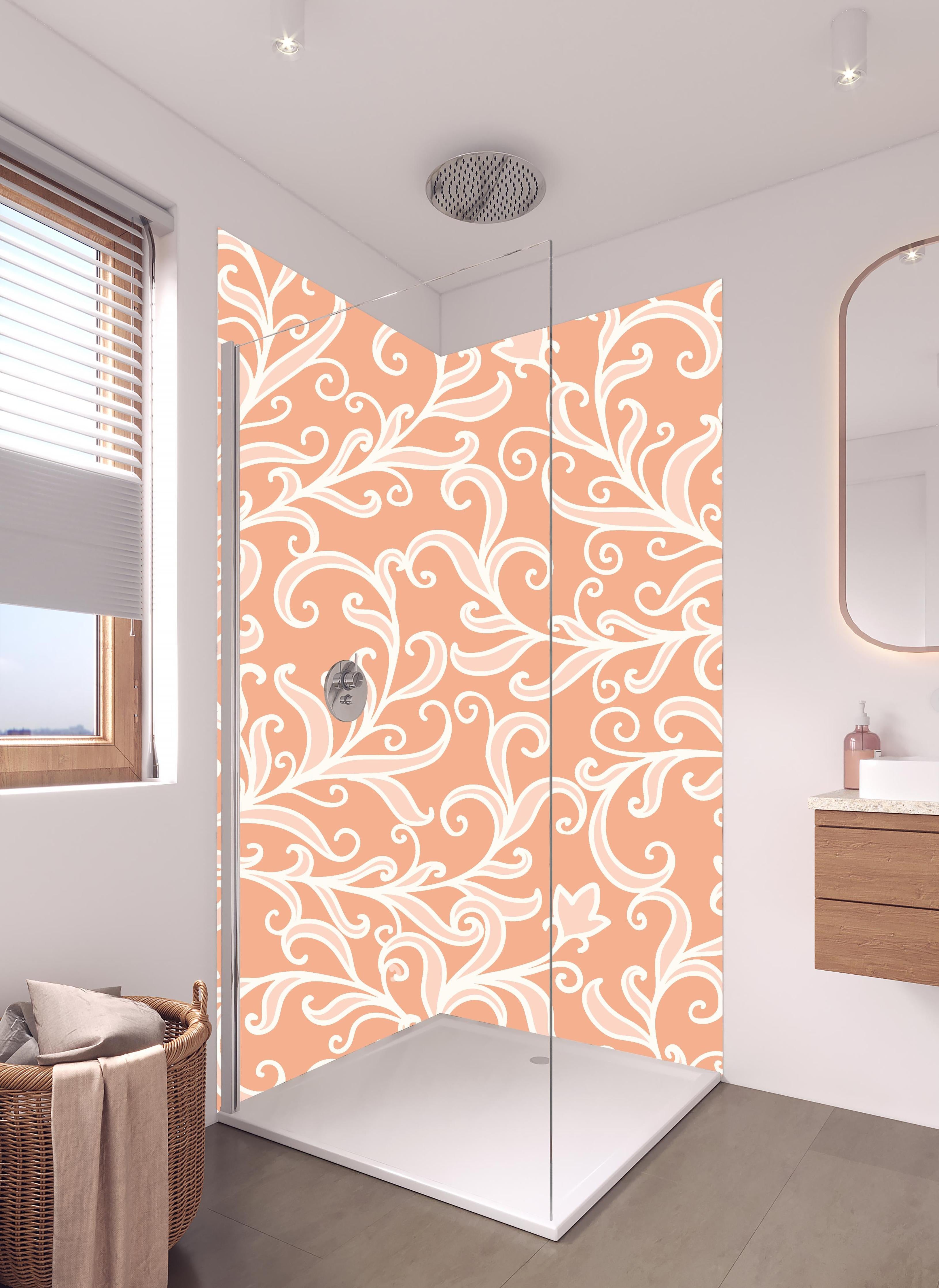 Duschrückwand - Elegantes Floral Ornament Muster in Apricot in hellem Badezimmer mit Regenduschkopf - zweiteilige Eck-Duschrückwand