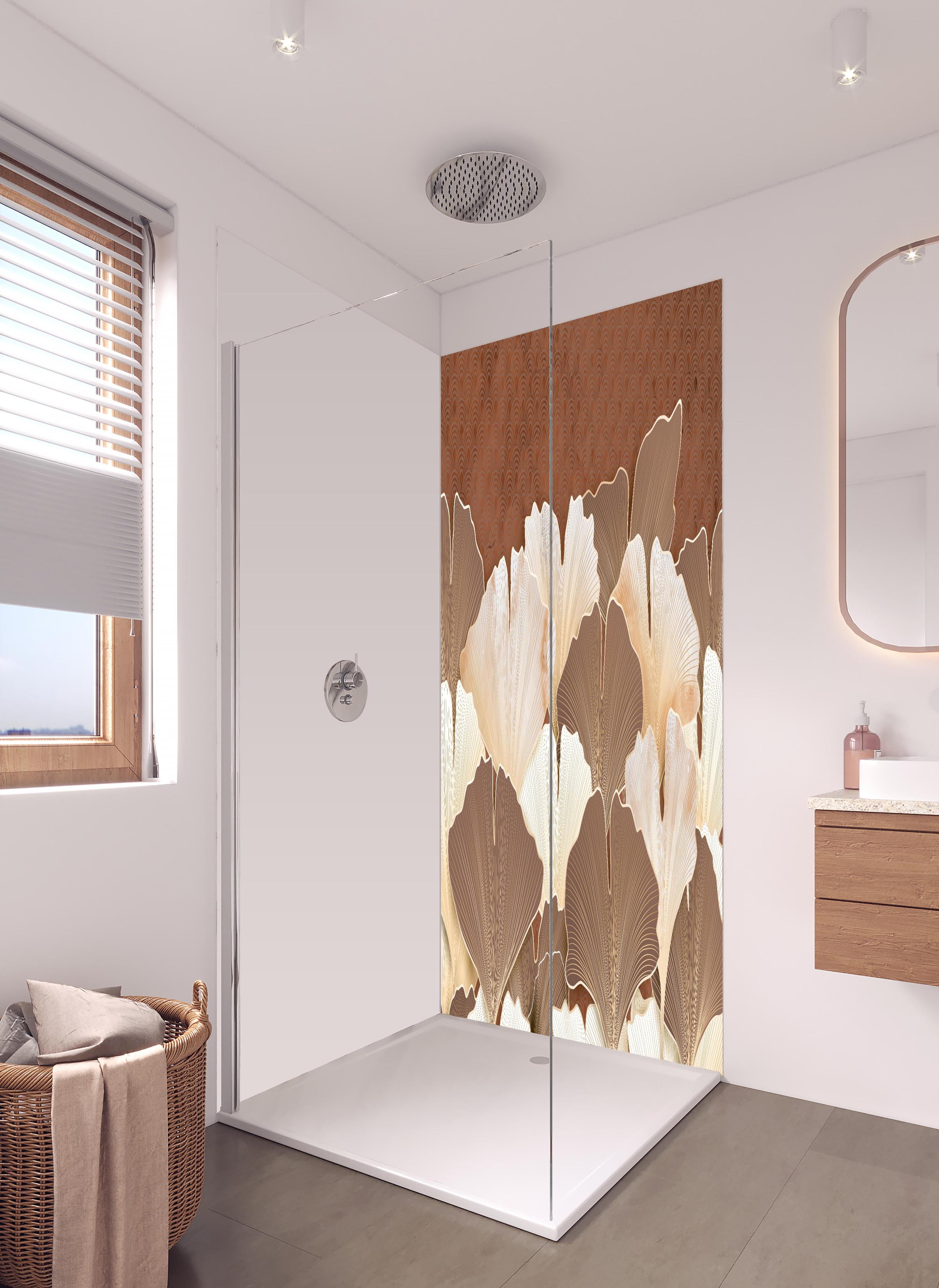 Duschrückwand - Elegantes Ginkgo Blattmuster in Beige in hellem Badezimmer mit Regenduschkopf - zweiteilige Eck-Duschrückwand