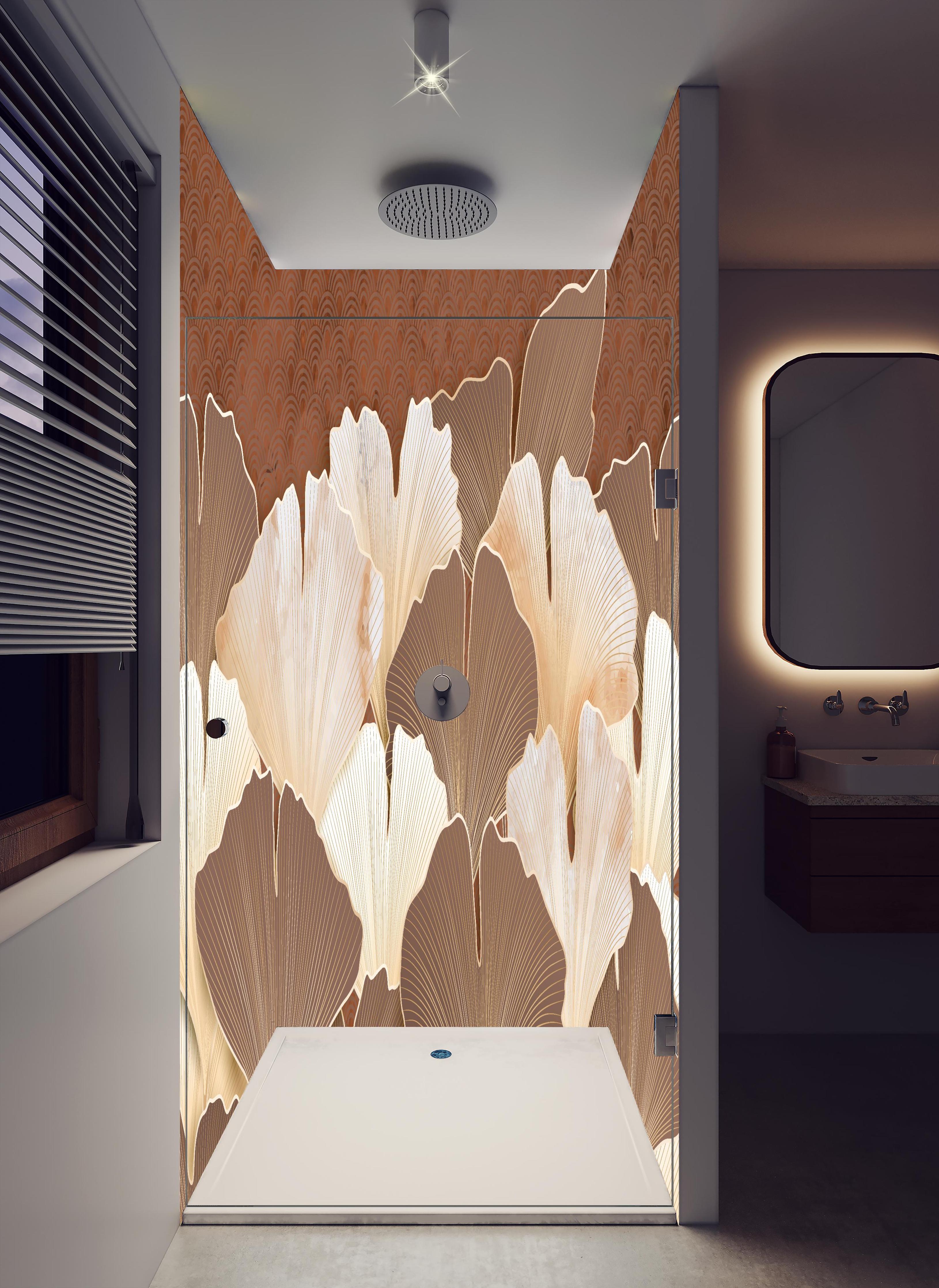 Duschrückwand - Elegantes Ginkgo Blattmuster in Beige in hellem Badezimmer mit Regenduschkopf - zweiteilige Eck-Duschrückwand