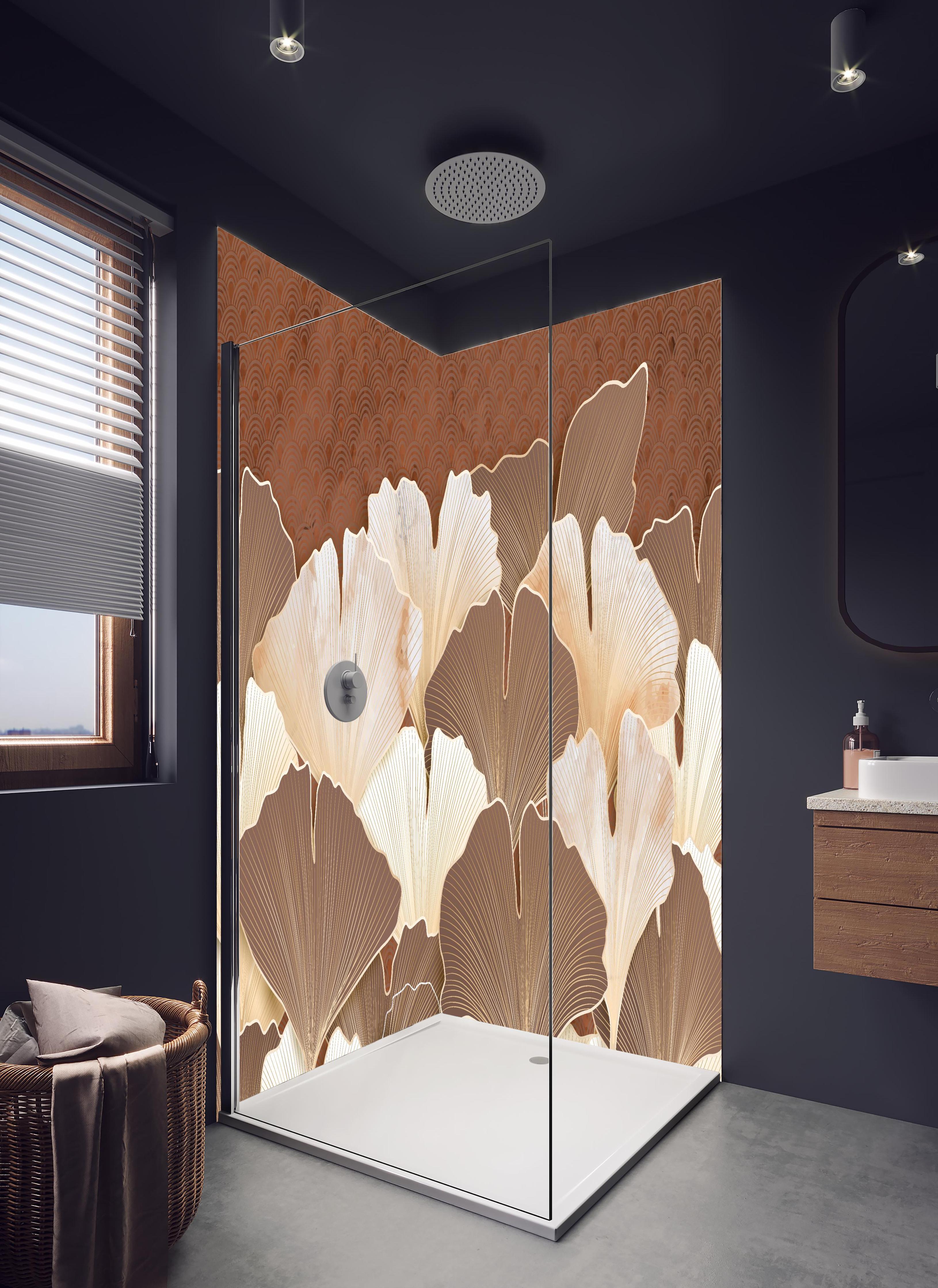 Duschrückwand - Elegantes Ginkgo Blattmuster in Beige in hellem Badezimmer mit Regenduschkopf - zweiteilige Eck-Duschrückwand