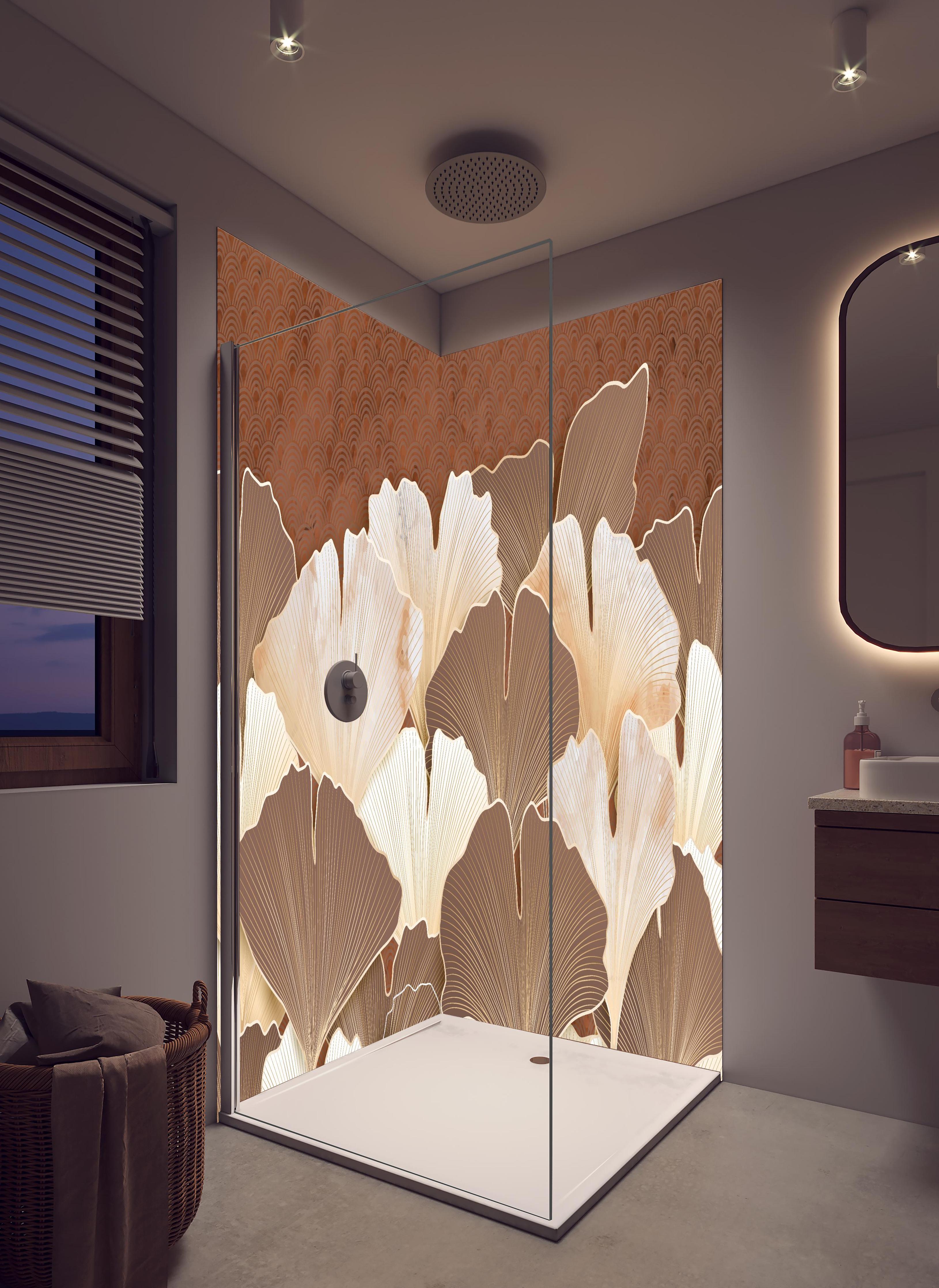 Duschrückwand - Elegantes Ginkgo Blattmuster in Beige in hellem Badezimmer mit Regenduschkopf - zweiteilige Eck-Duschrückwand