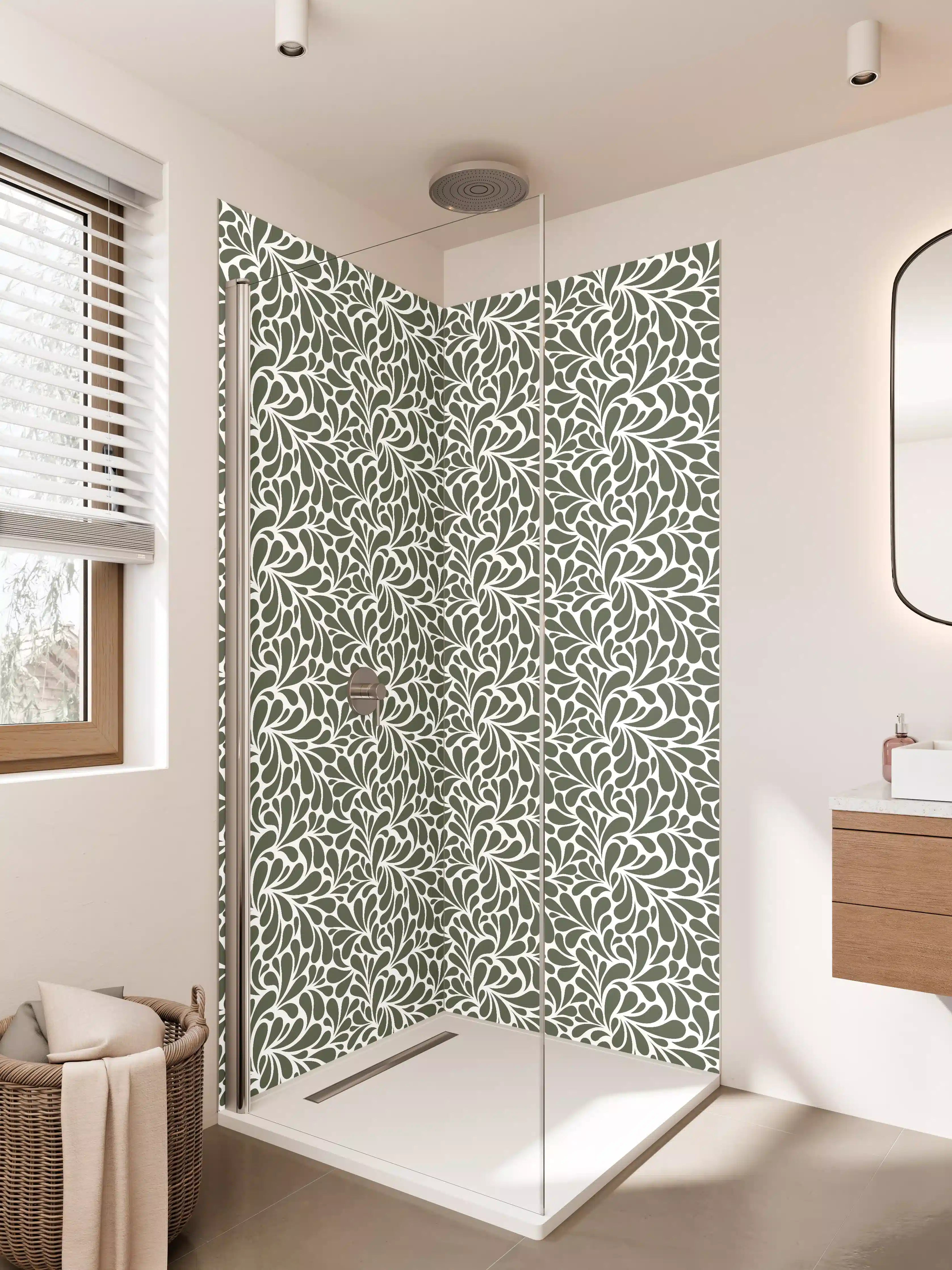 Duschrückwand - Elegantes Grünes Blattmuster mit Weißem Rahmen
