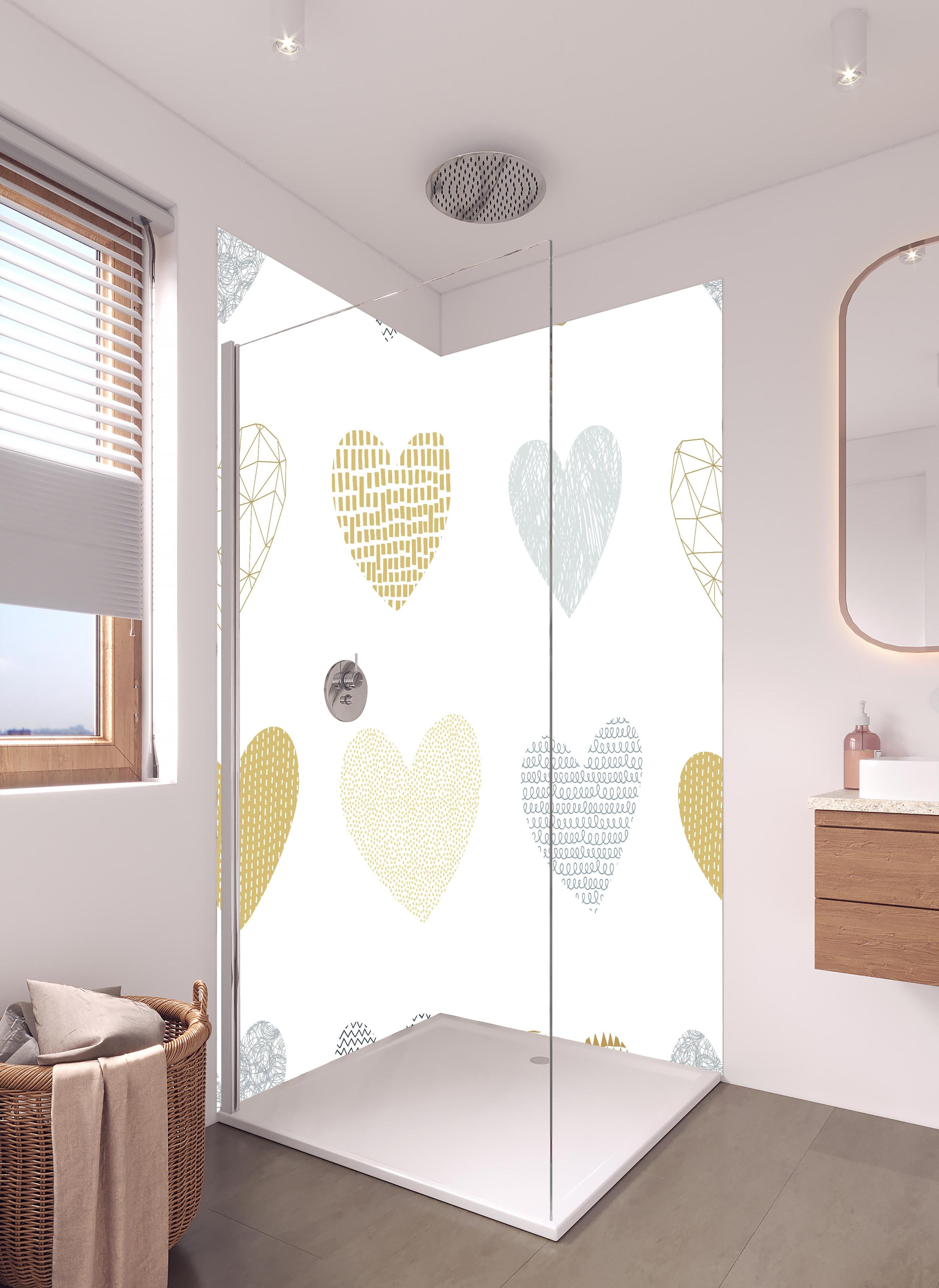 Duschrückwand - Elegantes Herz-Muster in Gold und Grau in hellem Badezimmer mit Regenduschkopf - zweiteilige Eck-Duschrückwand