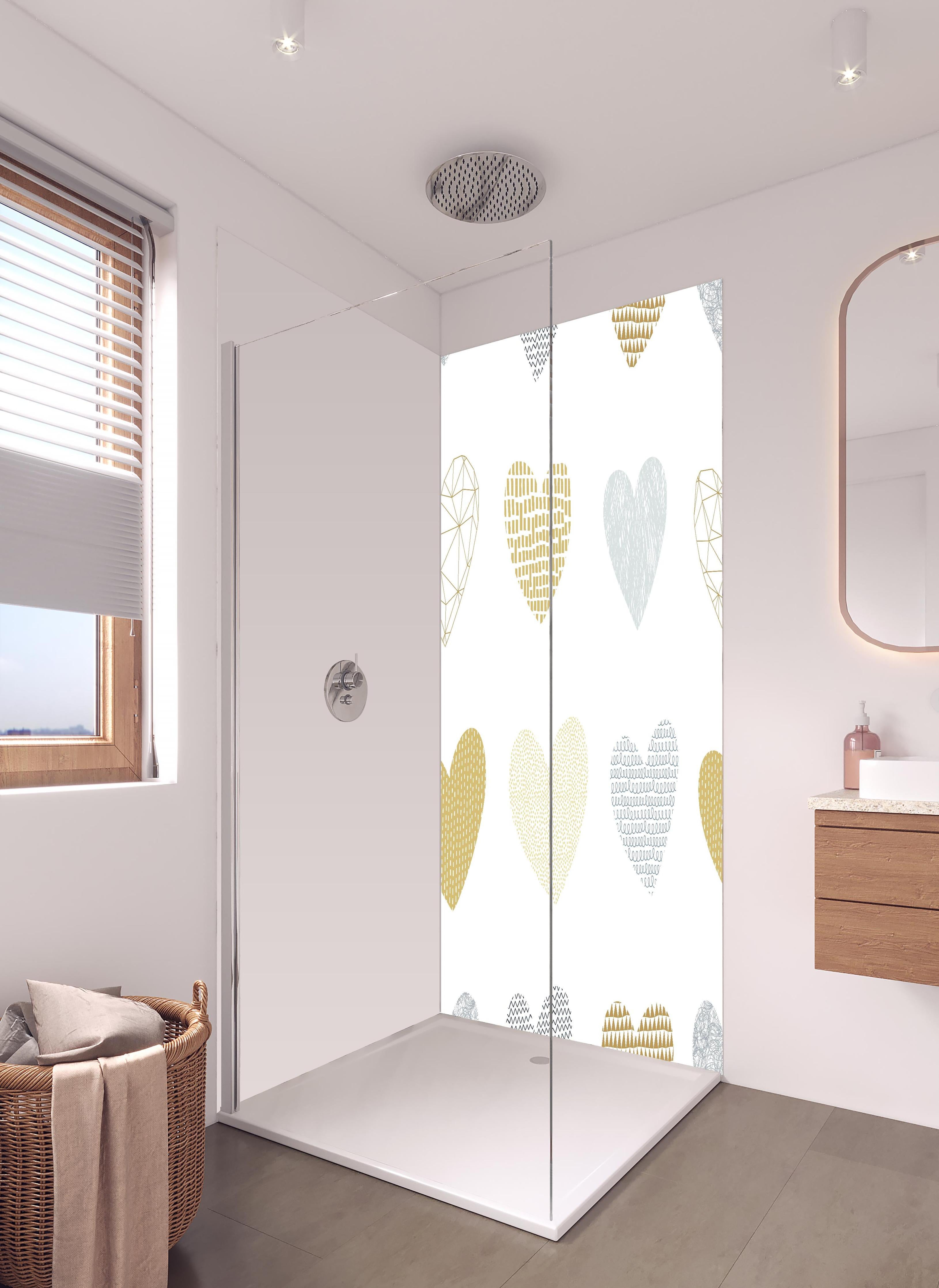 Duschrückwand - Elegantes Herz-Muster in Gold und Grau in hellem Badezimmer mit Regenduschkopf - zweiteilige Eck-Duschrückwand