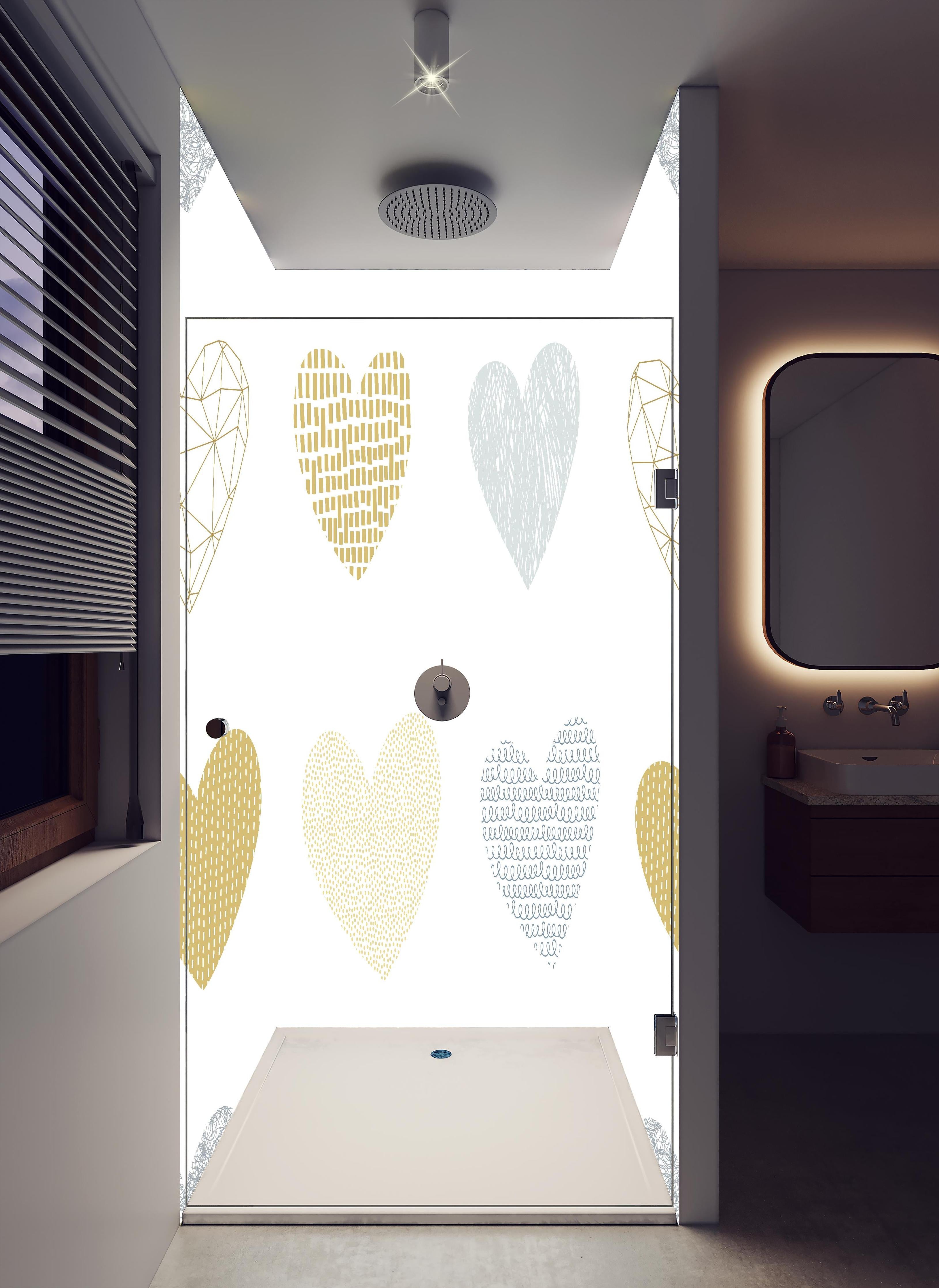 Duschrückwand - Elegantes Herz-Muster in Gold und Grau in hellem Badezimmer mit Regenduschkopf - zweiteilige Eck-Duschrückwand