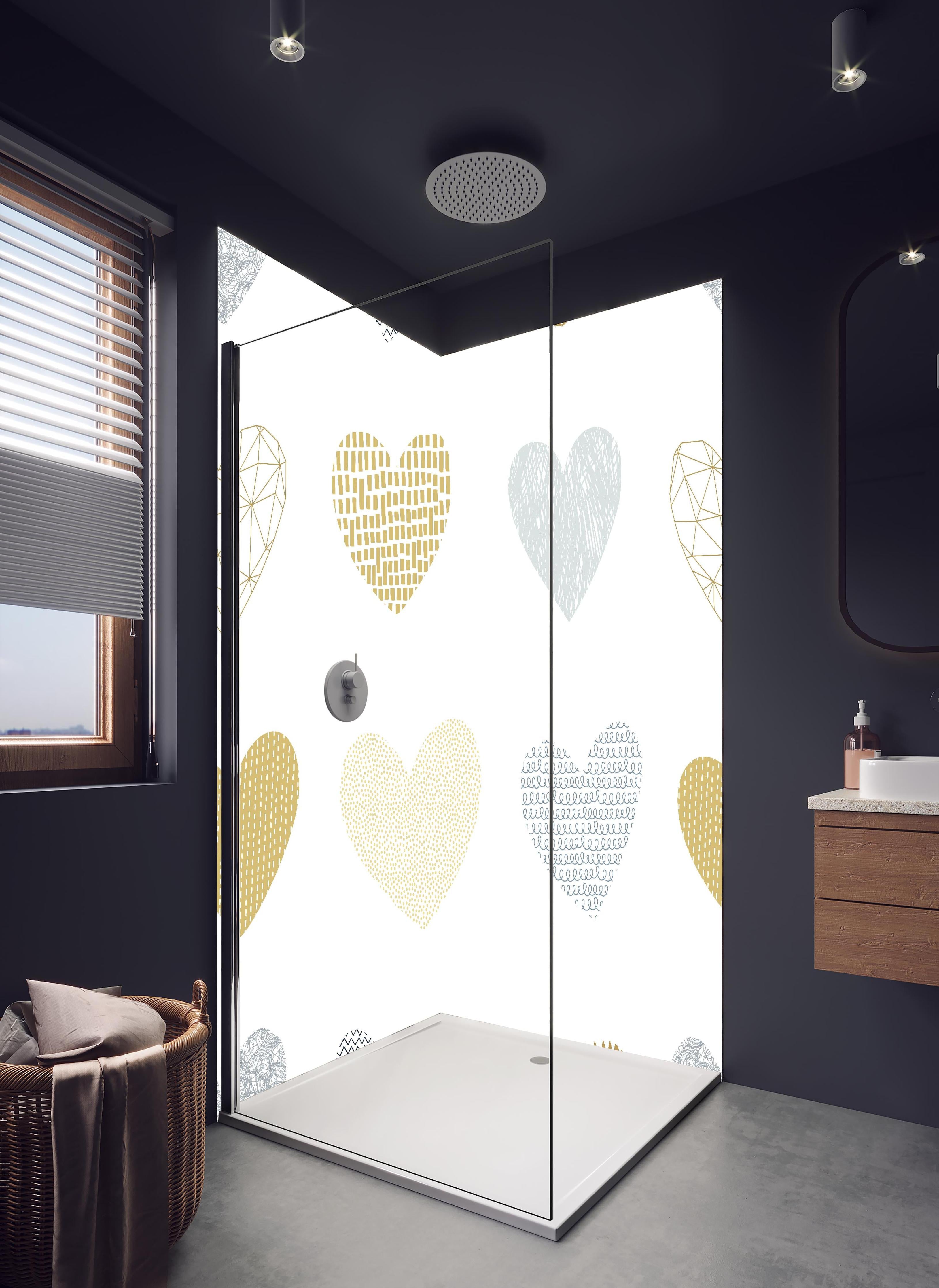 Duschrückwand - Elegantes Herz-Muster in Gold und Grau in hellem Badezimmer mit Regenduschkopf - zweiteilige Eck-Duschrückwand