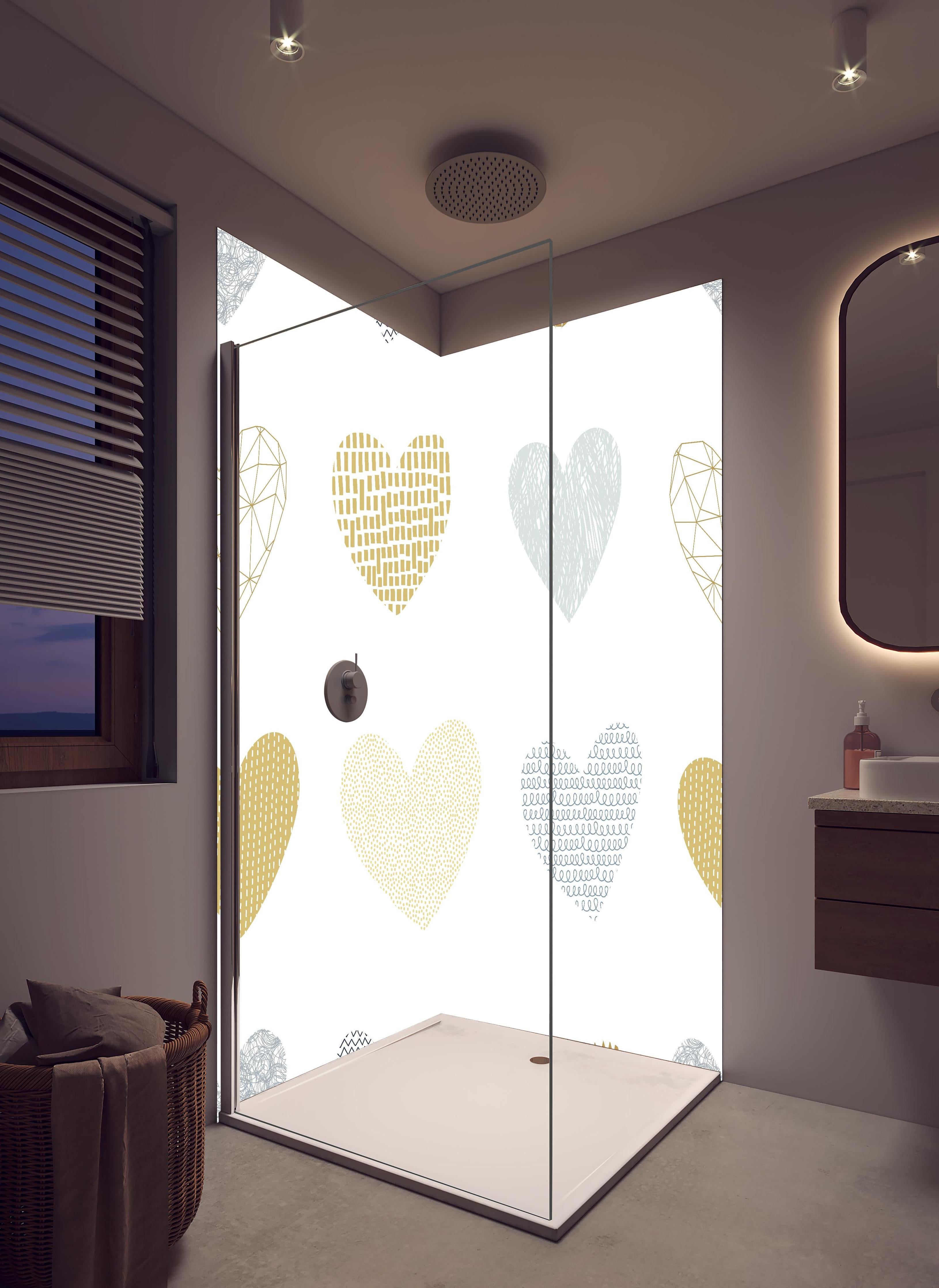 Duschrückwand - Elegantes Herz-Muster in Gold und Grau in hellem Badezimmer mit Regenduschkopf - zweiteilige Eck-Duschrückwand