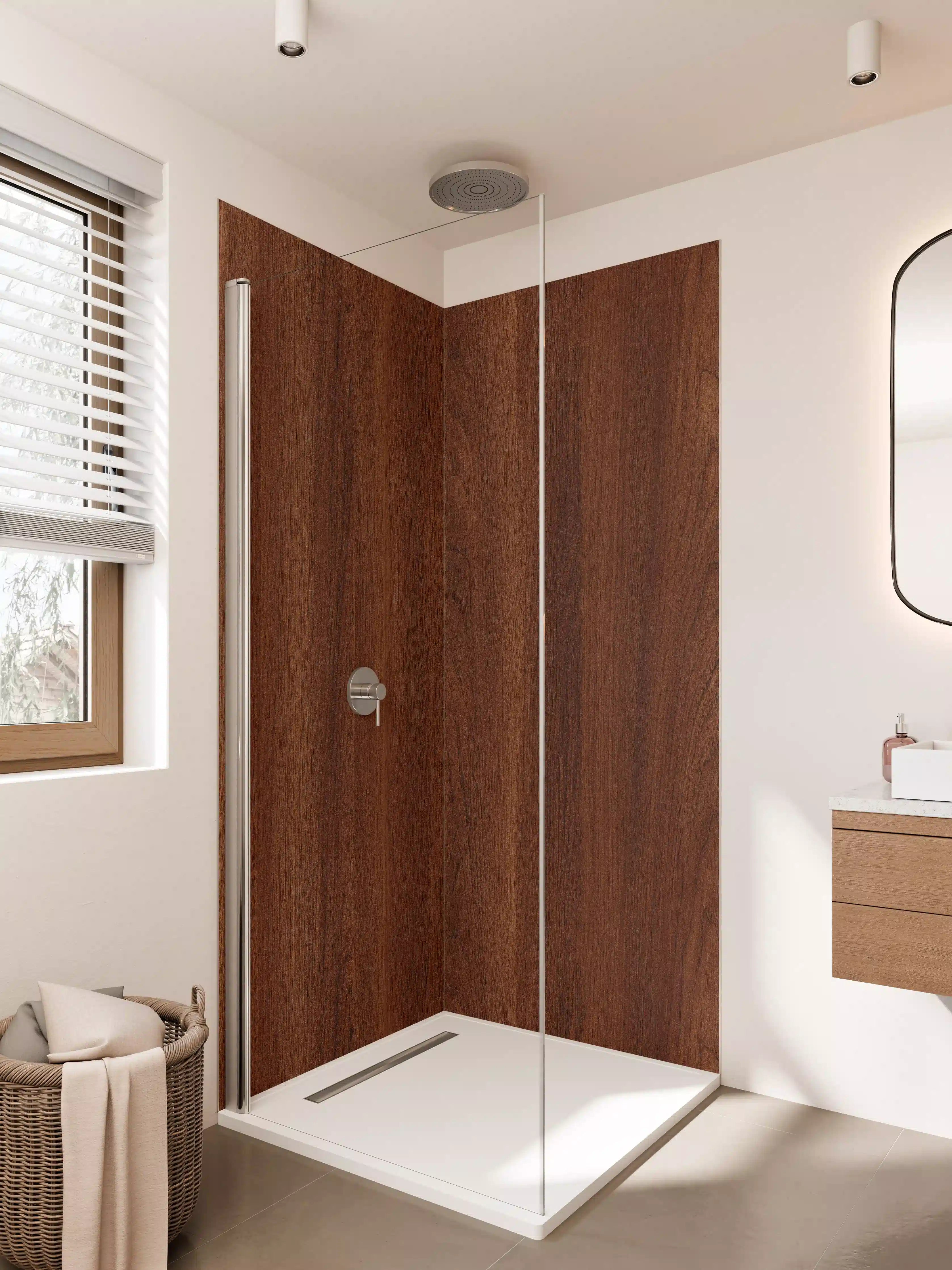Duschrückwand - Elegantes Holzdesign in Warmbraun