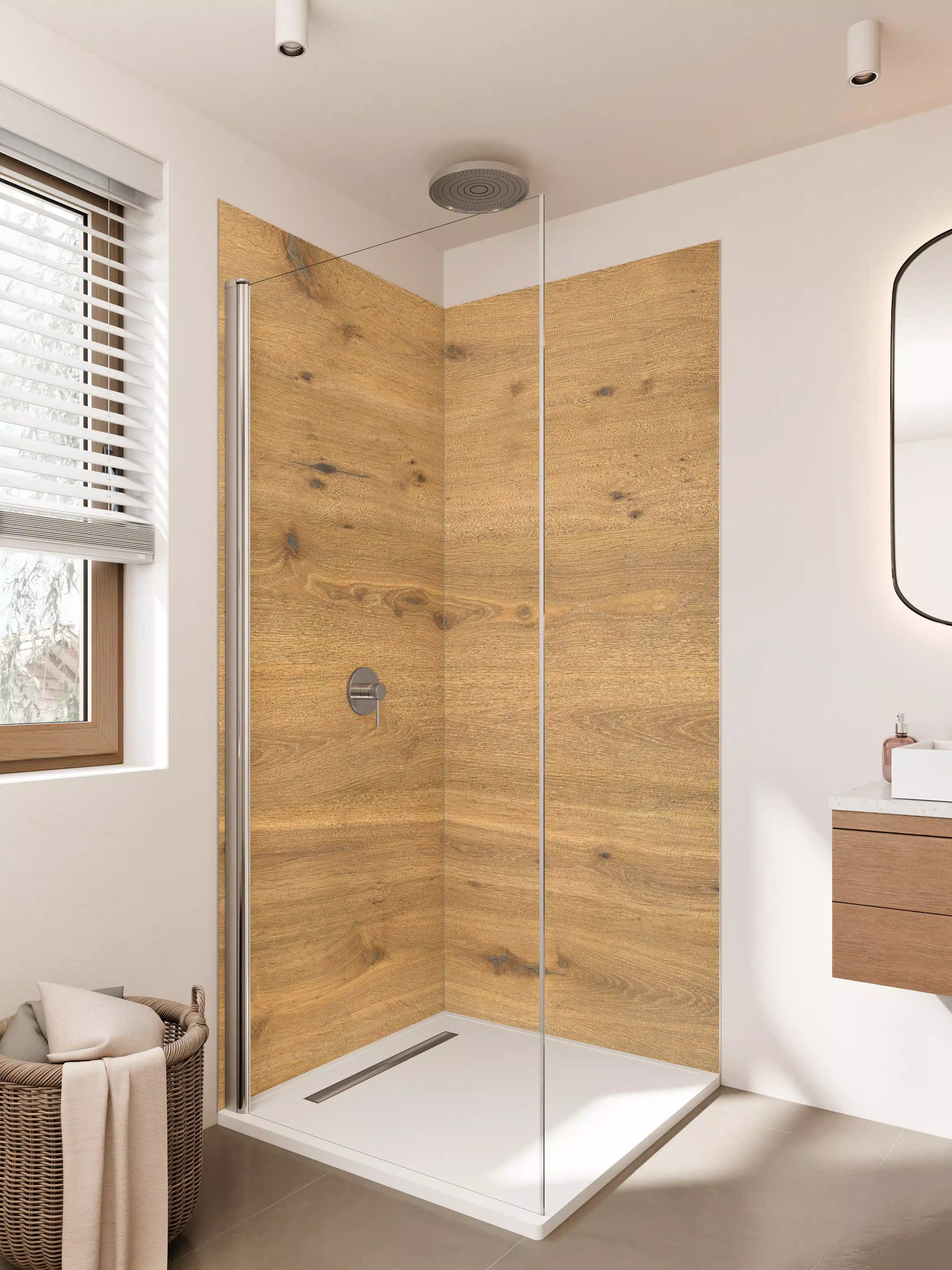 Duschrückwand - Elegantes Holzdesign in warmen Tönen